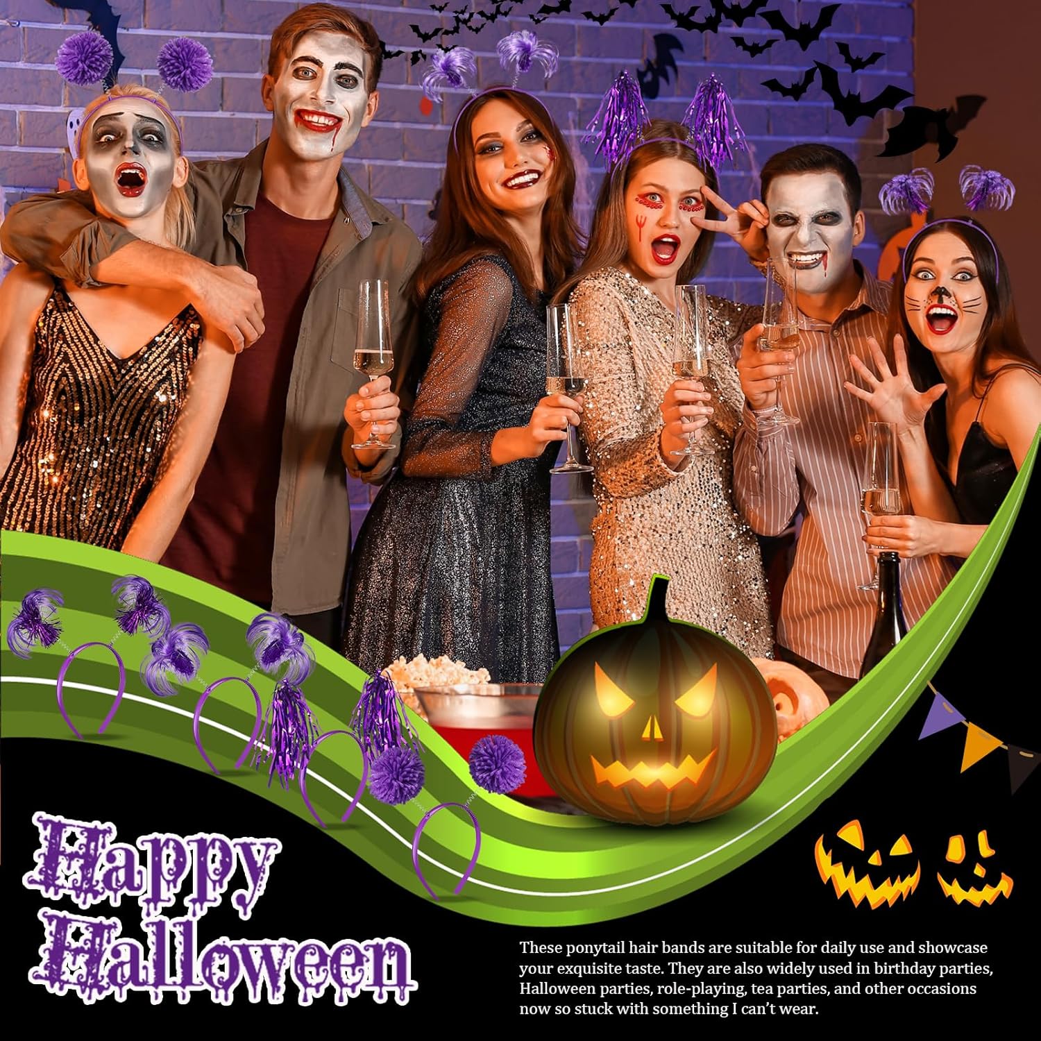 Censen 8 Pcs St. Patrick's Day Pom Pom Headbands Easter Spirit Party Headbands Tinsel Ponytails Headwear for Birthday Holiday - Image 5