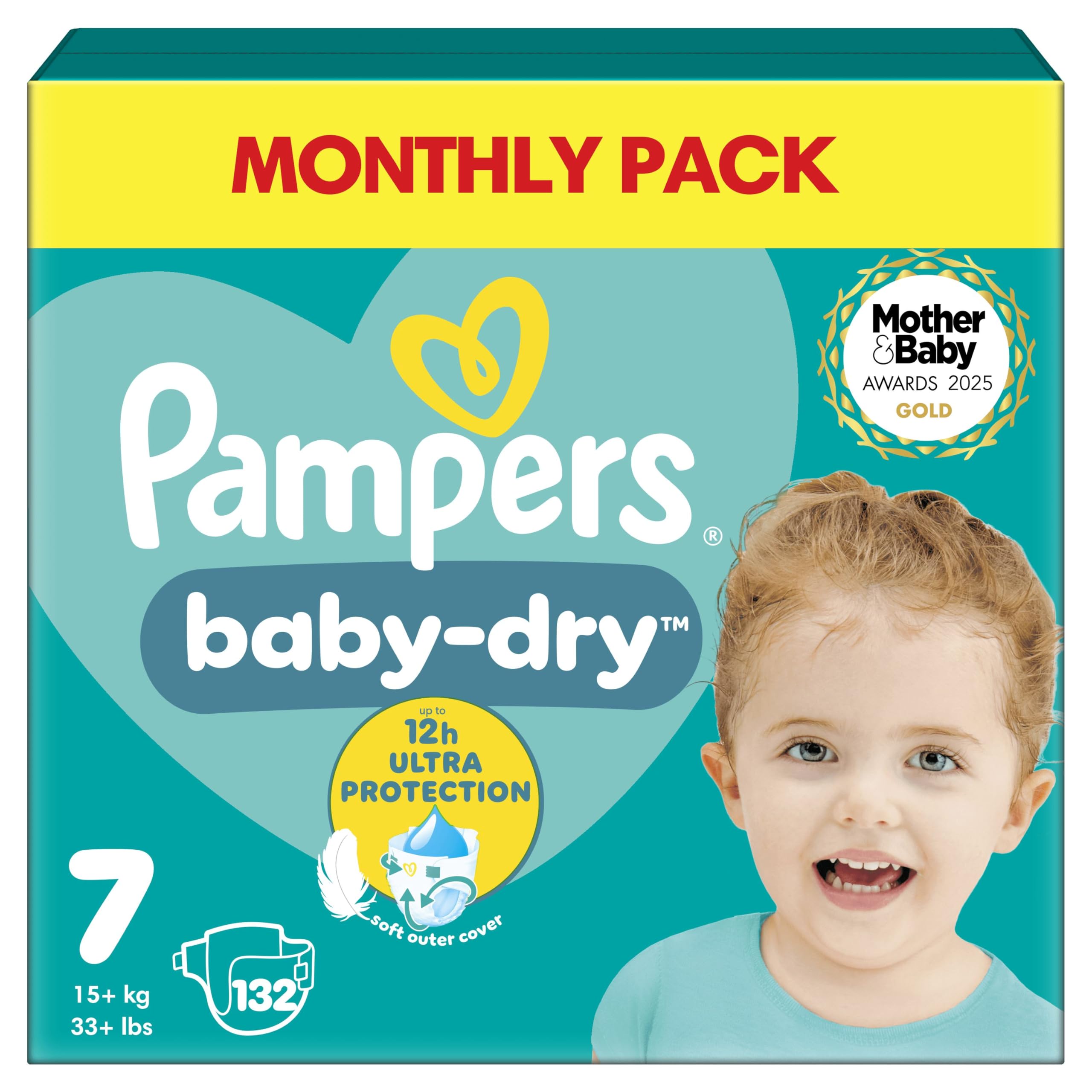 PampersBaby-Dry Size 7, 132 Nappies, 15kg+, Monthly Pack, Up to a 100% Leak-Free & Comfortable NightThe Forest Stewardship Council