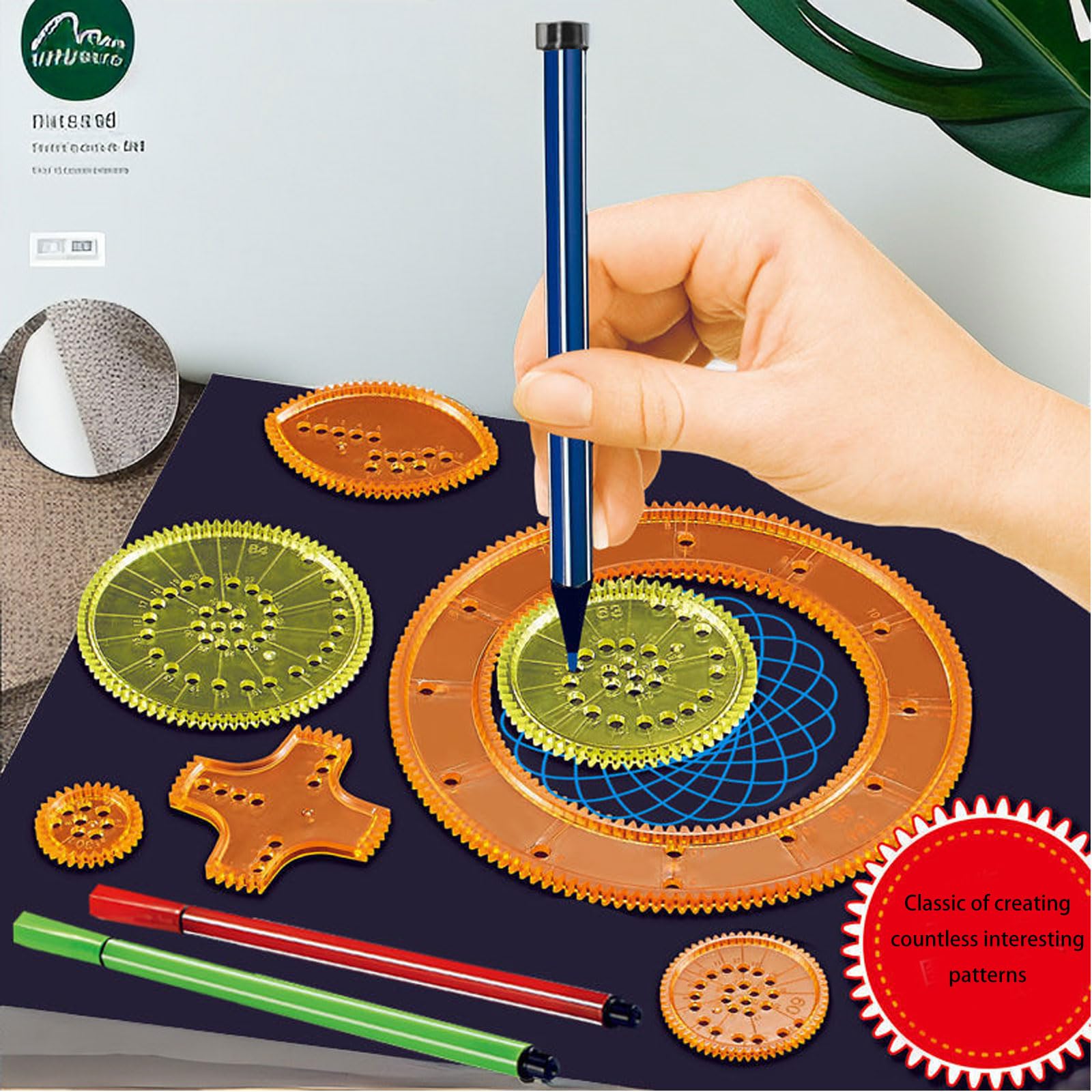 Spiral Art Gear Geometric Ruler for Drawing Plastic Spiral Circle Template Ruler Drawing Toy+12 Color Scoring Pen Set