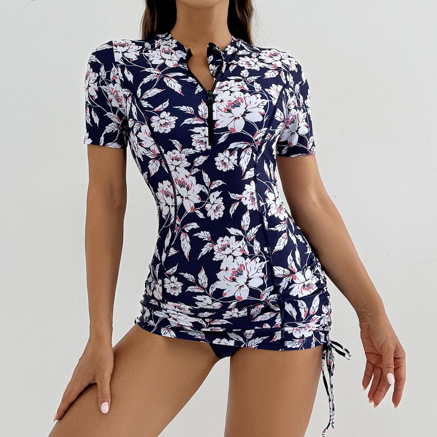 Two Pieces Swimsuit with Bottom Floral Short Sleeve Tummy Control Bathing Suit Zip Rash Guard Set Built-in Bra Swimwear