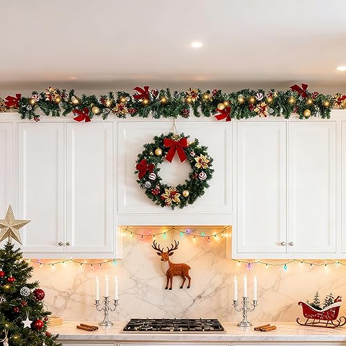 Miniatura 7 de Guirnalda de Navidad preiluminada de 9 pies con 50 luces LED, lazos rojos, flores, guirnalda iluminada para interiores y exteriores, para escaleras,