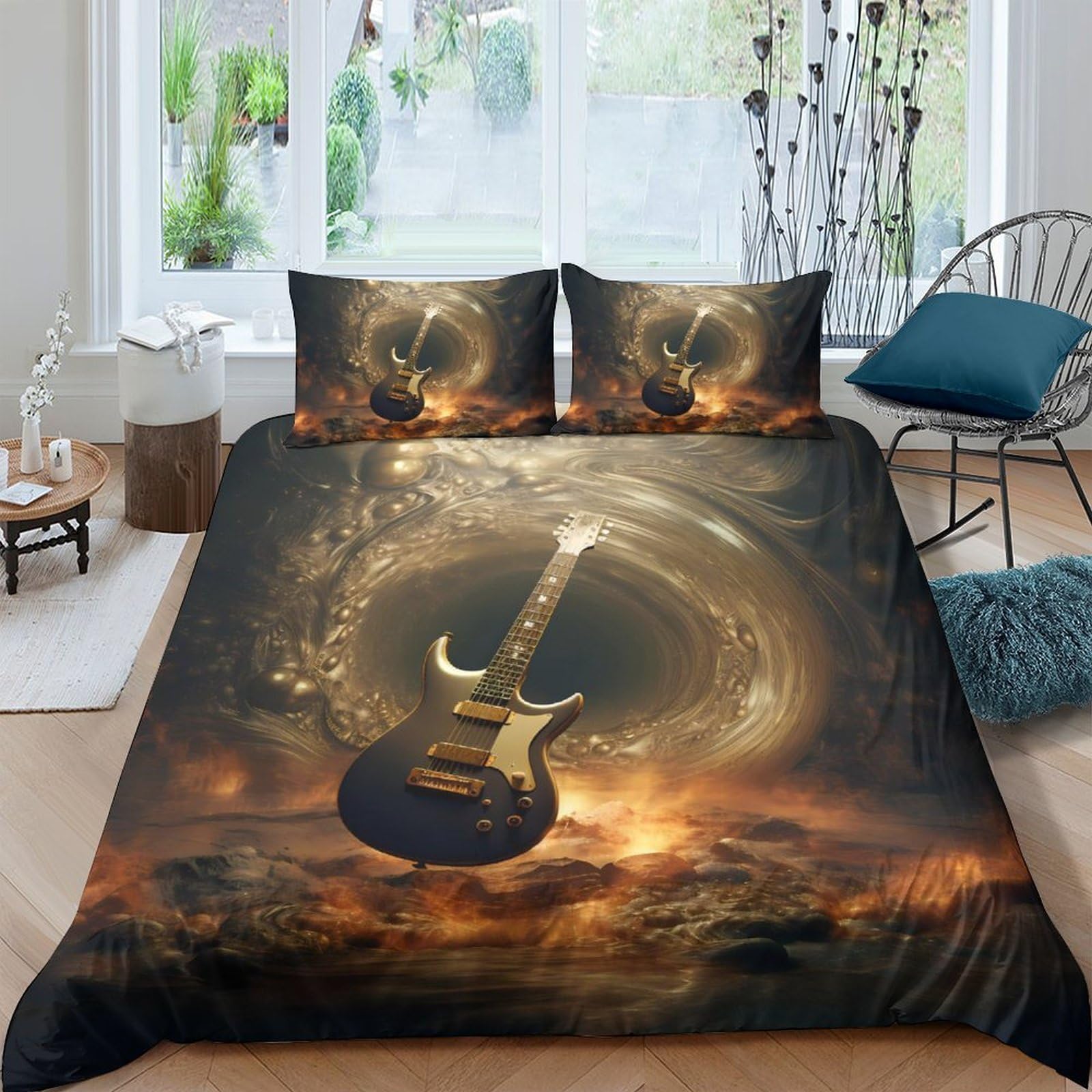 Ctjqhvkz Style-2 3D Printed Electric Guitar Fitted Sheet Microfiber Soft Breathable Fire Swirl Bed Cover For Bedroom Dorm Decor Single（135X200cm）