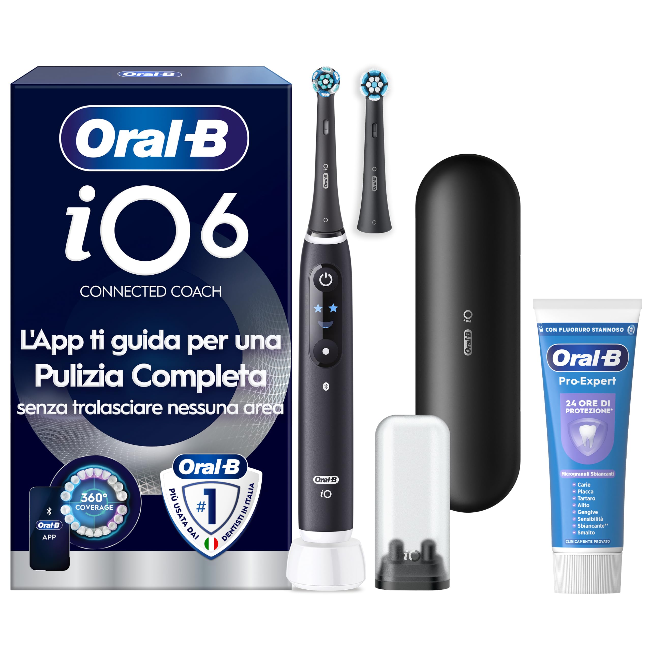 Oral-B iO 6 Spazzolino Elettrico, 2 Testine, Custodia, Dentifricio, Nero