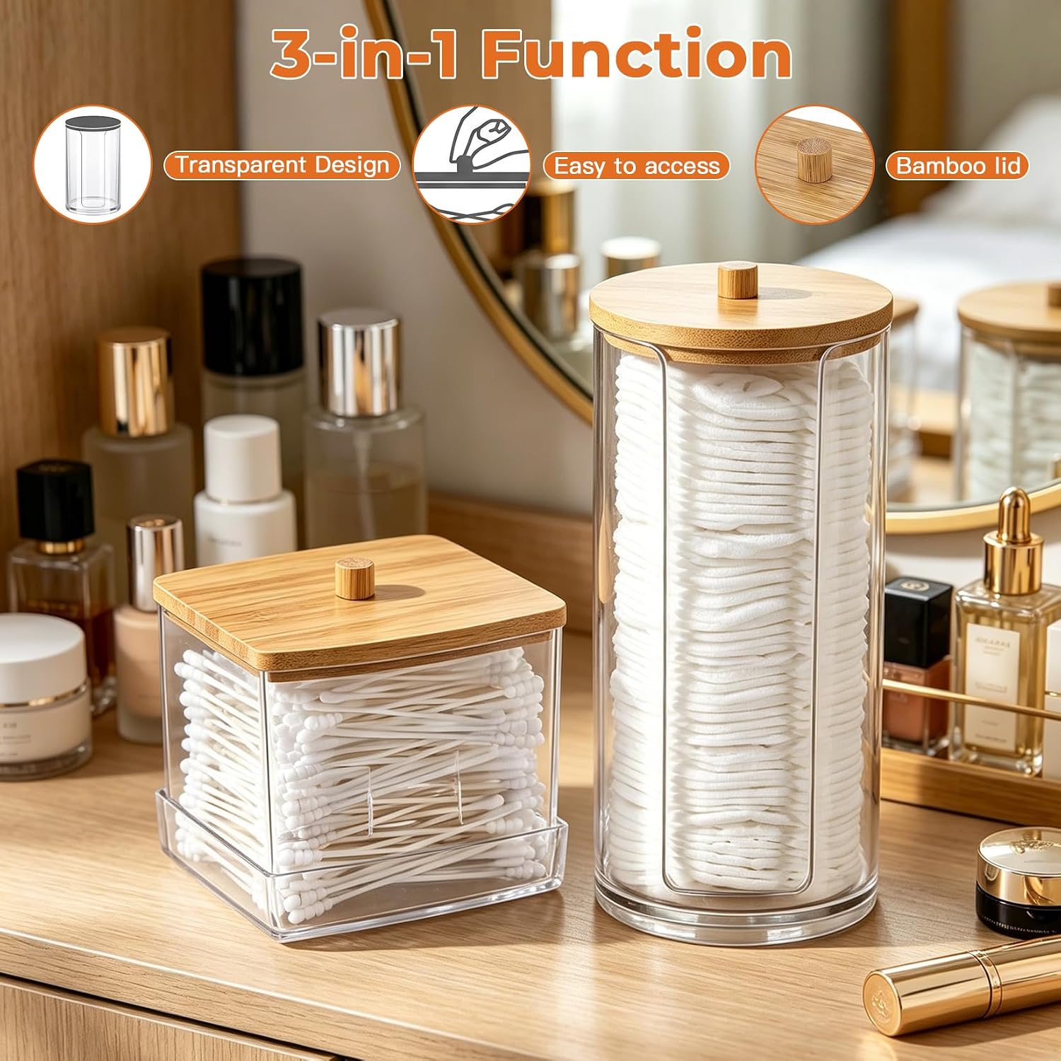 2 Pcs Cotton Pad Holder, Bathroom Makeup Organizers Containers for Cotton Ball/Swab/Round Pads/Floss/Hair Ties Canister Vanity Storage Jars Dispenser Holder wuth Bamboo Lid