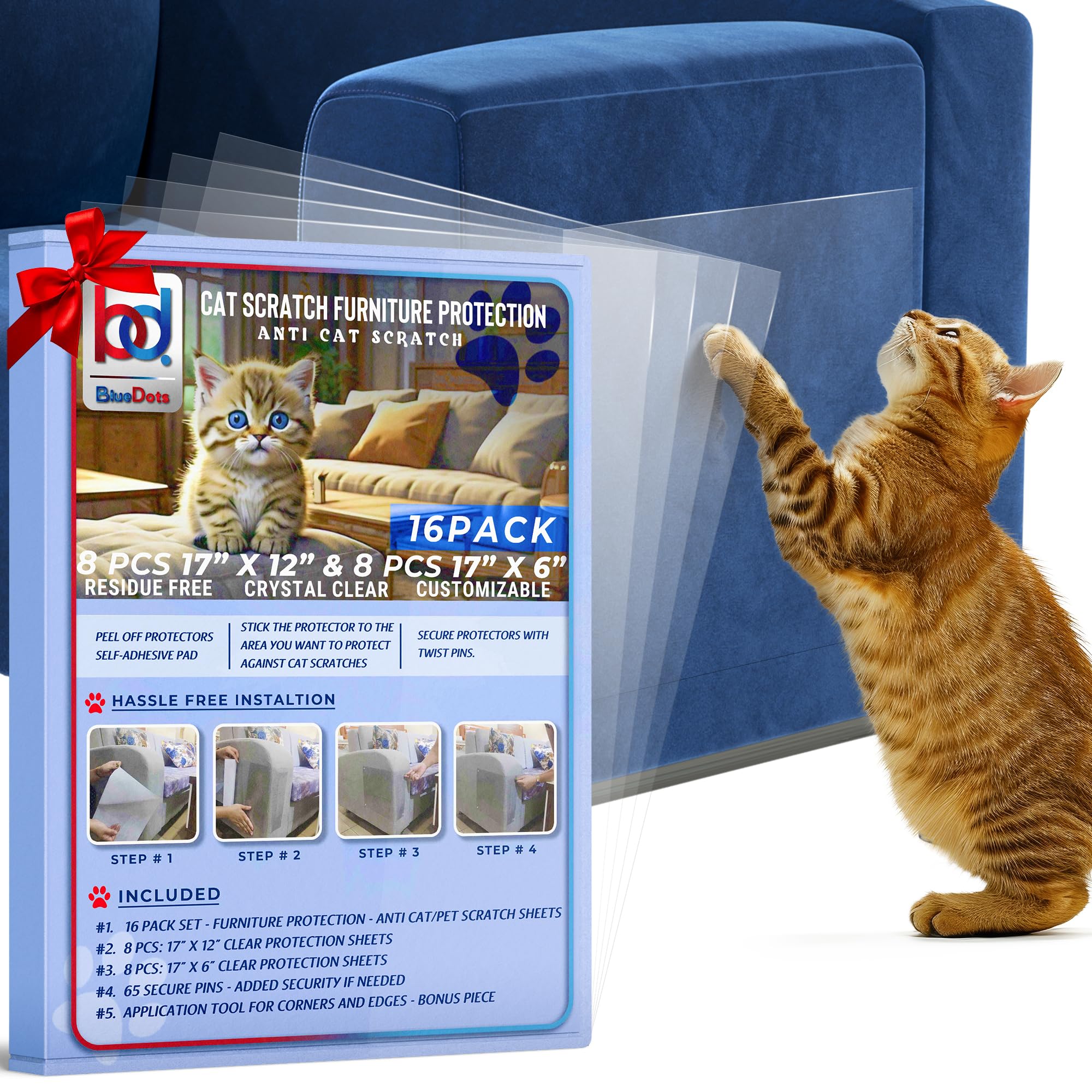 Anti Cat Scratch Furniture Protector and Couch Corner Guard, Clear Deterrent Tape, Pet-Safe, Residue-Free, Durable for Cats on Leather & Fabric, 16 XL Sheets with 65 Pins & Toy