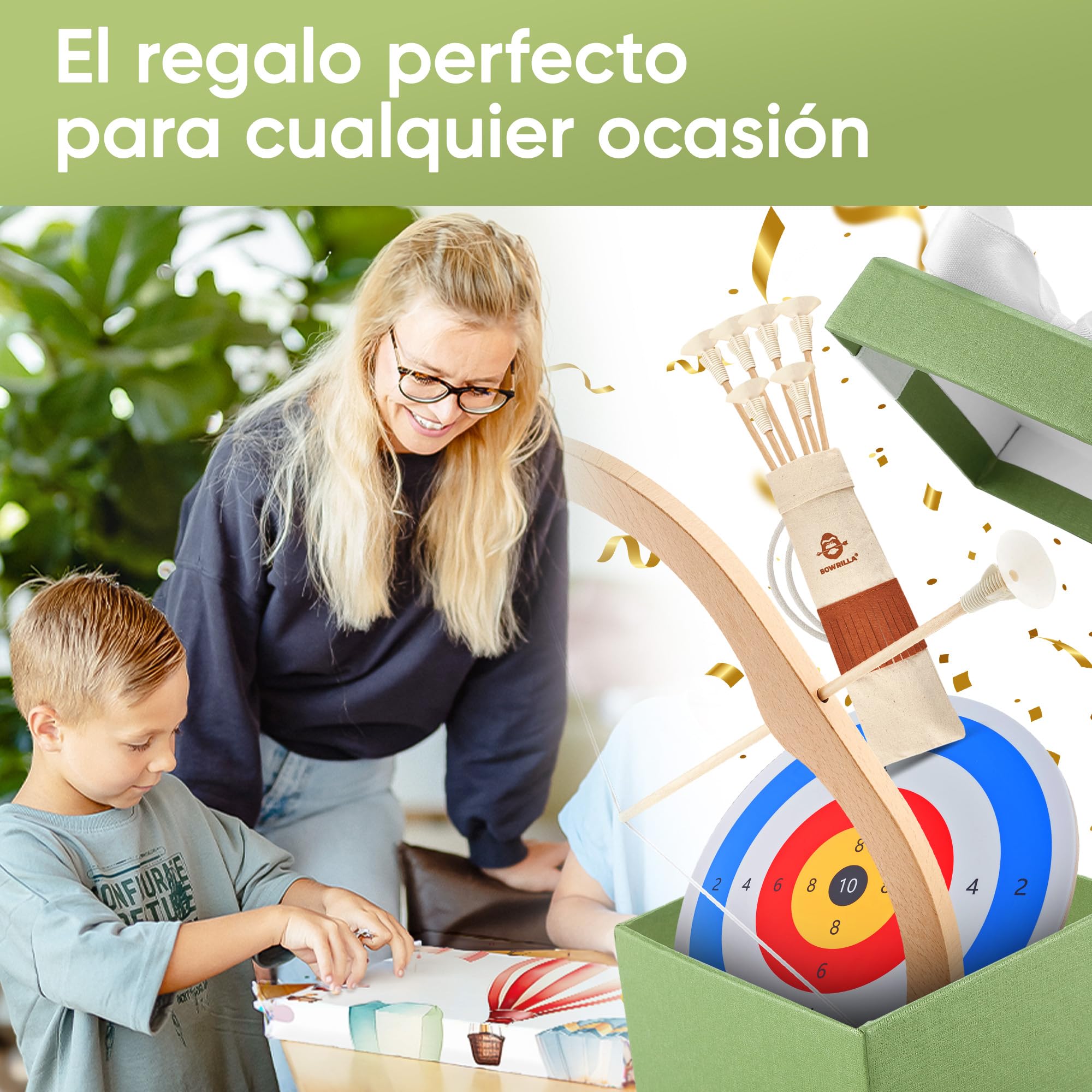 BOWRILLA® Juego de tiro con arco para niños con 6 flechas y diana de madera, ideal para interior y exterior a partir de 3 años