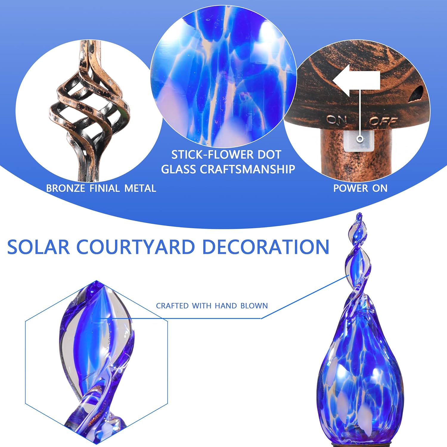 Solar Garden Lights Outdoor, Decorative LED Flame Garden Stakes, Hand Blown Glass and Outdoor Waterproof Glass Stakes (Dark Blue) - Image 4