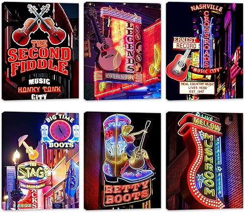YIXIHOMPT FRAMED - Póster de pared vintage de Nashville, decoración de pared de galería, decoración de música country, letreros de neón, fotografía,