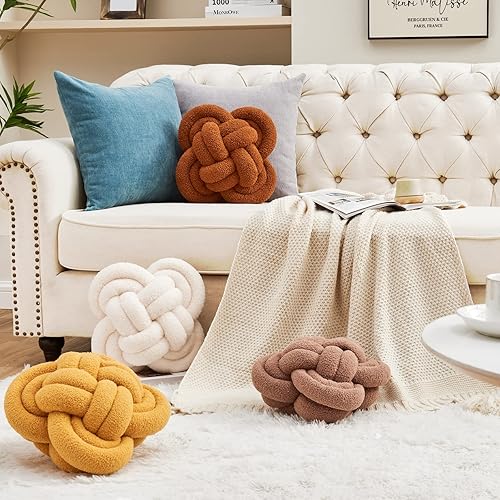 Miniatura 4 de Xiashrk - Almohada de nudo en forma de bola, almohadas decorativas suaves de 12" para sofá, cama, almohada de lujo en tono marfil blanco con nudo,