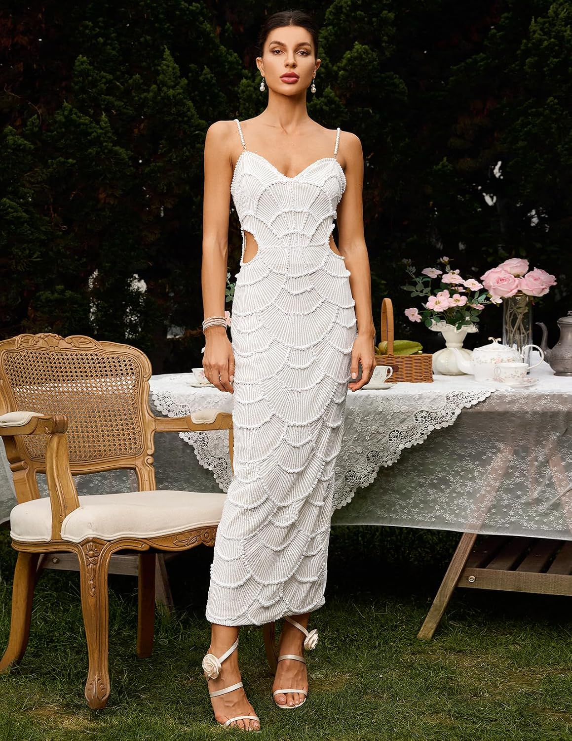 BELLA BARNETT Pearl Spaghetti Strap Garden Party Cutout Sequin Cocktail Elegant Dress