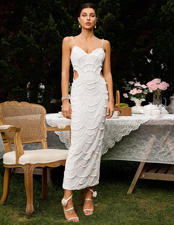 BELLA BARNETT Pearl Spaghetti Strap Garden Party Cutout Sequin Cocktail Elegant Dress
