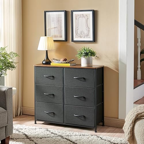 Miniatura 4 de Somdot Cómoda para dormitorio con 6 cajones, cómoda de almacenamiento de 3 niveles con contenedores de tela extraíbles para armario, guardería,