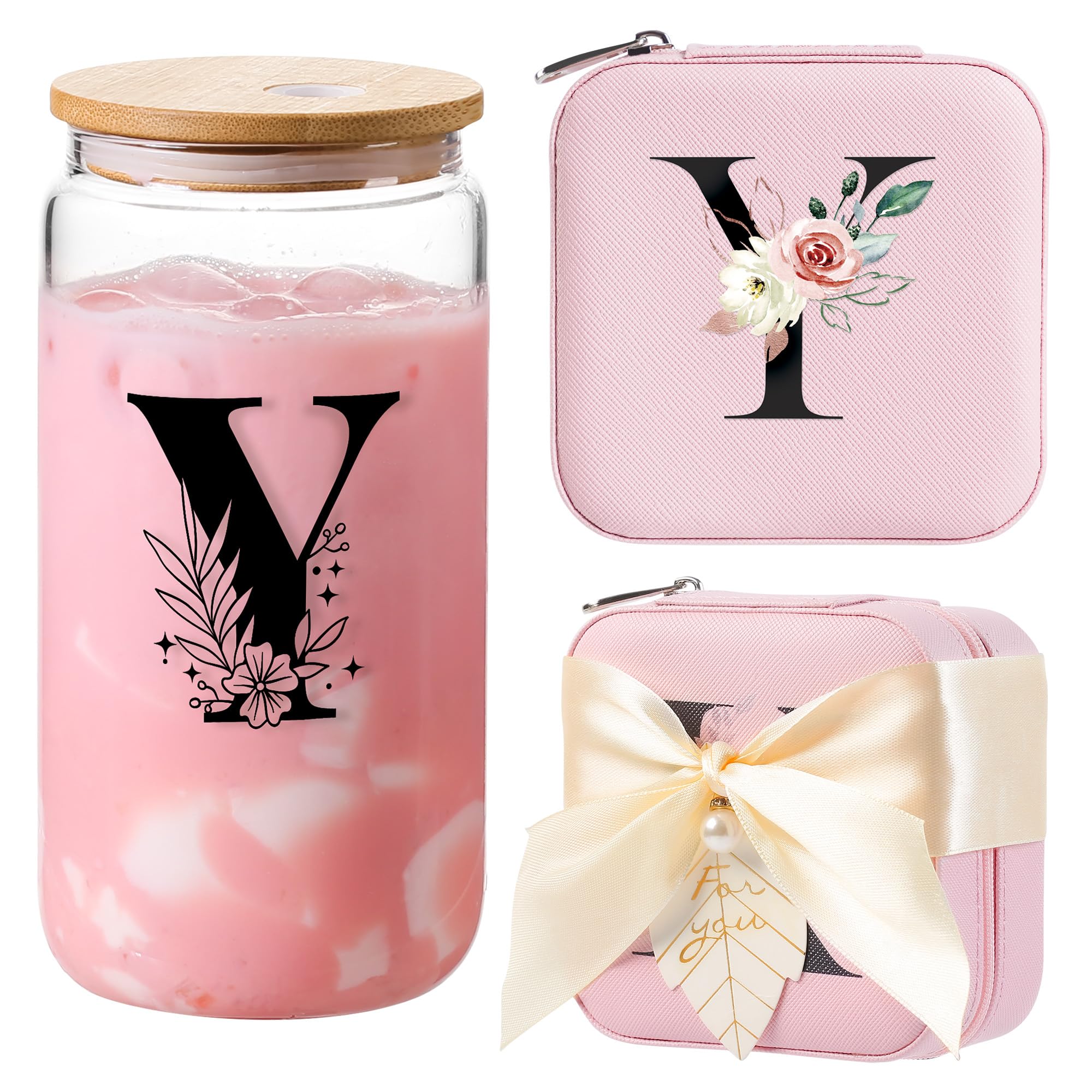 AYGXU Travel Gifts for Women,16oz glass cups with lids and straws,mom birthday gifts,aesthetic cups,coffee cups,travel jewelry case organizer,Travel Essentials Small Jewelry Box,Initial Y pink