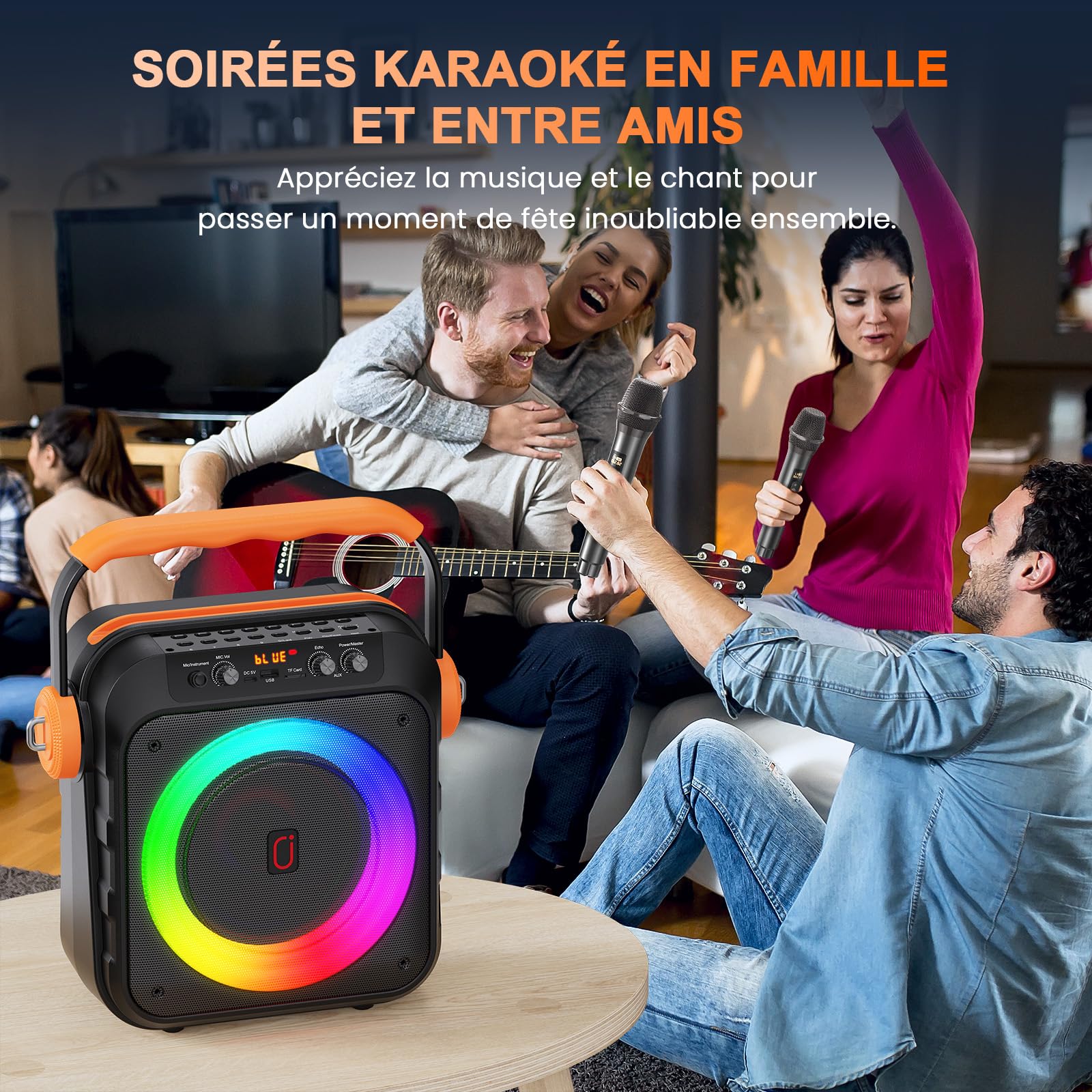 JYX Enceinte Karaoke 2 Micro sans Fil, 80W Puissance Système de Sonorisation, Subwoofer 6,8'' karaoké Professionnel, Batterie 6500mAh, Lumières LED, Idéal pour Fêtes