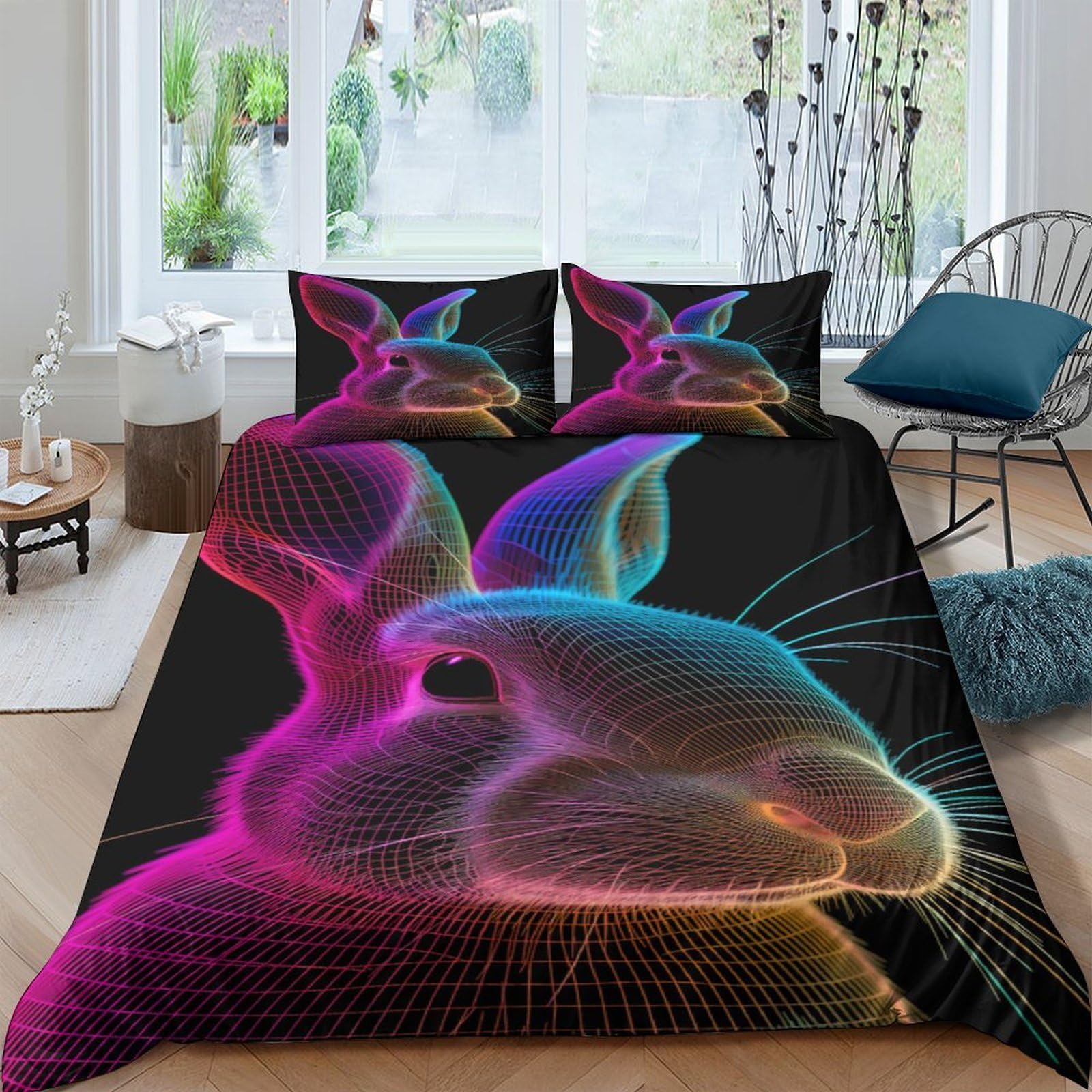 Ctjqhvkz Style-6 3D Printed Neon Rabbit Fitted Sheet Microfiber Soft Breathable Geometric Bunny Bed Cover For Bedroom Dorm Decor Single（135X200cm）