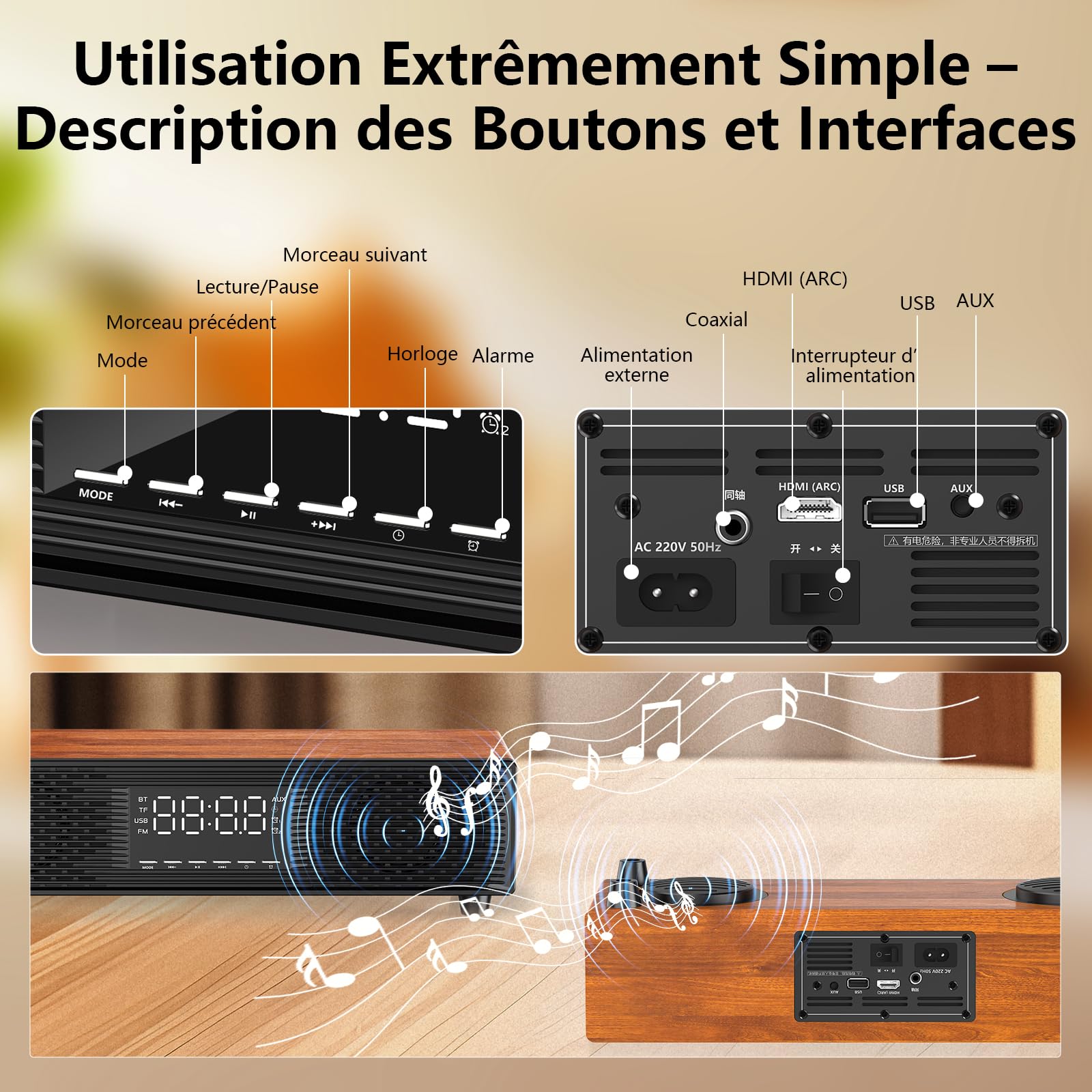 JYX Soundbar con due microfoni wireless, sistema audio home cinema con Bluetooth, display LED, sveglia, telecomando, effetto legno, per karaoke e TV