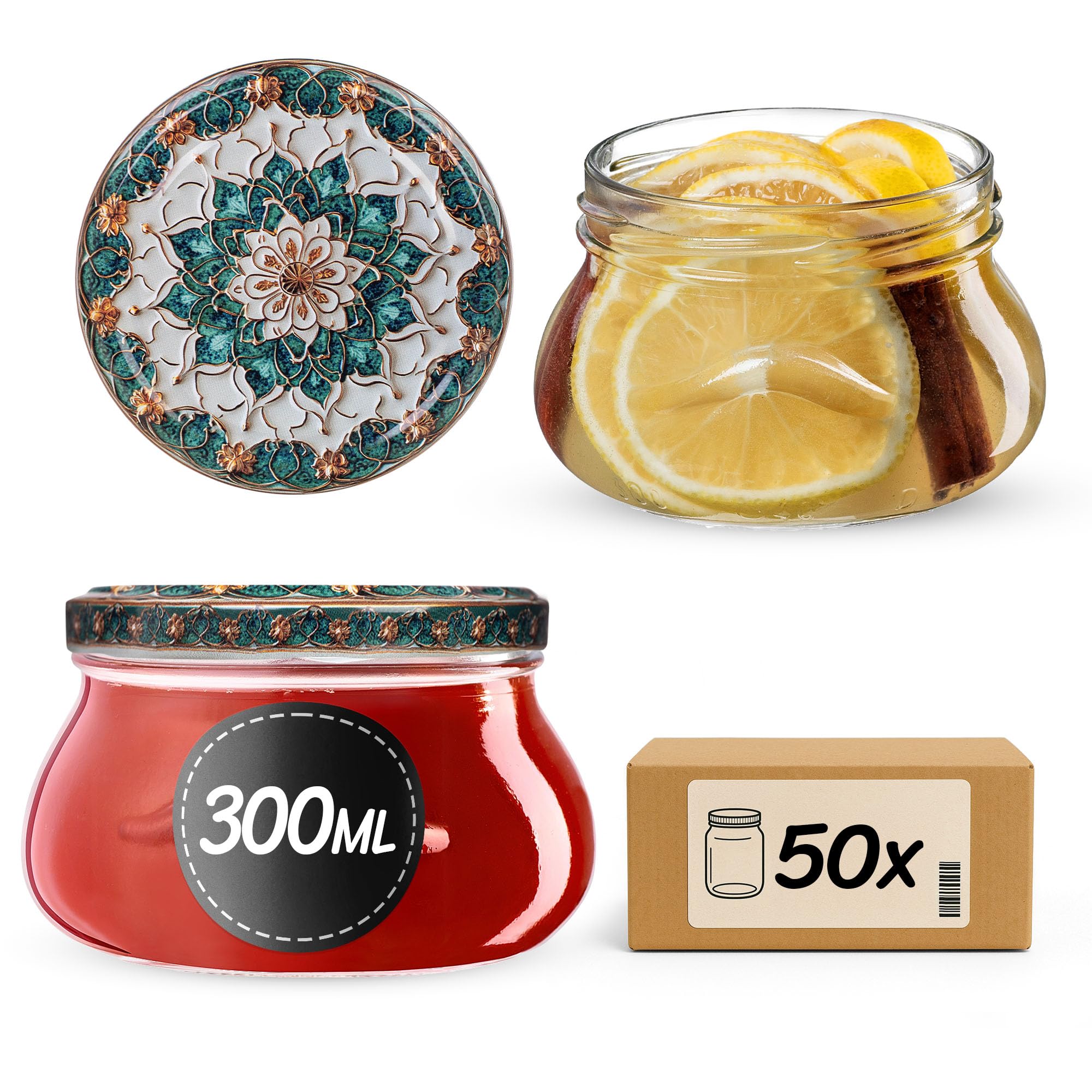 KADAX Marmeladengläser 300ml TO82, Einmachgläser Vorratsgläser Mason Jar mit Schraubdeckel, Luftdichte Schraubgläser, Honig & Konfitüre (Grün/Gold, 50 Stück)