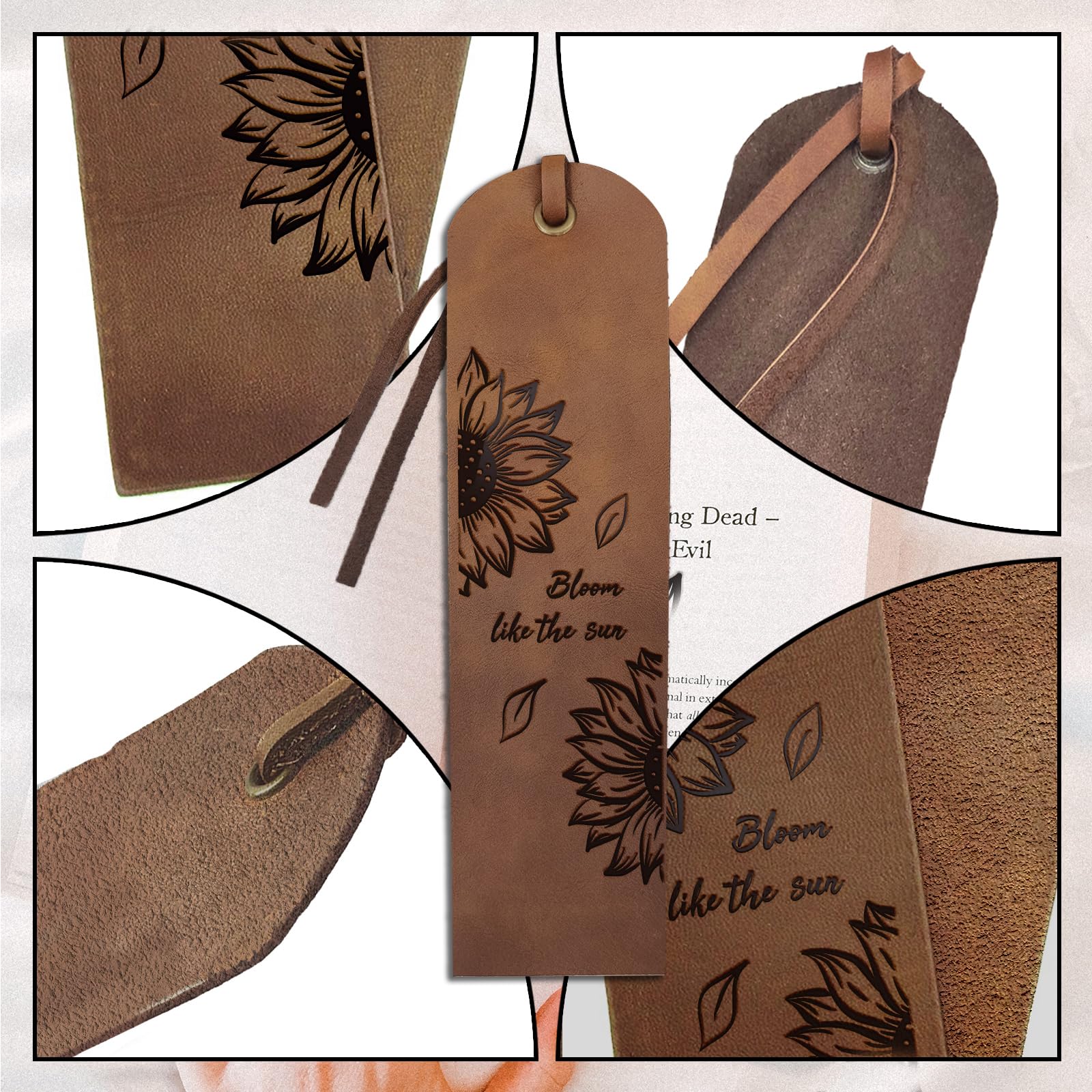 MAYJOYDIY 4pcs Sunflower Leather Bookmarks 5×18cm Vintage Flower Bookmarks Page Markers Bloom Like The Sun Text for Men Women Book Lovers Students Graduation Gifts Bookworms - Image 4