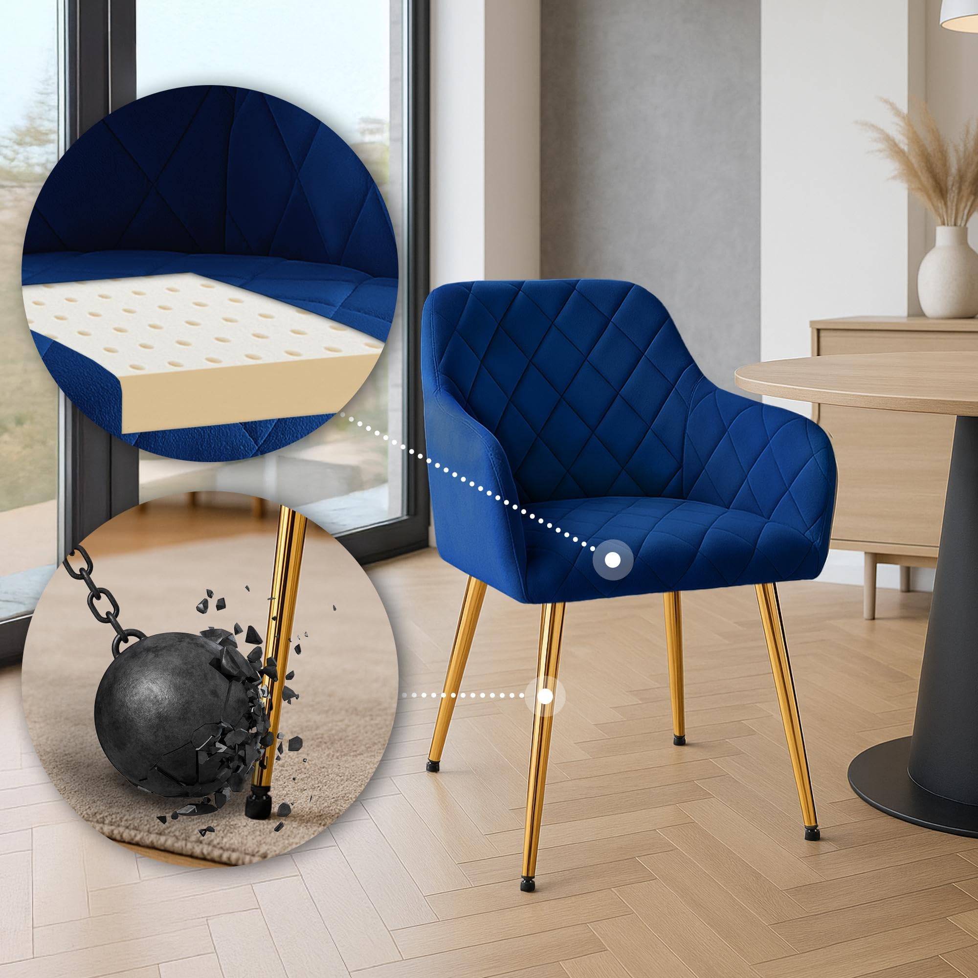 CLP Lot de 2 chaises de Salle à Manger Monett I Chaises rembourrées avec revêtement en Velours | Couleur Bleu foncé Matériel du Cadre métal Or