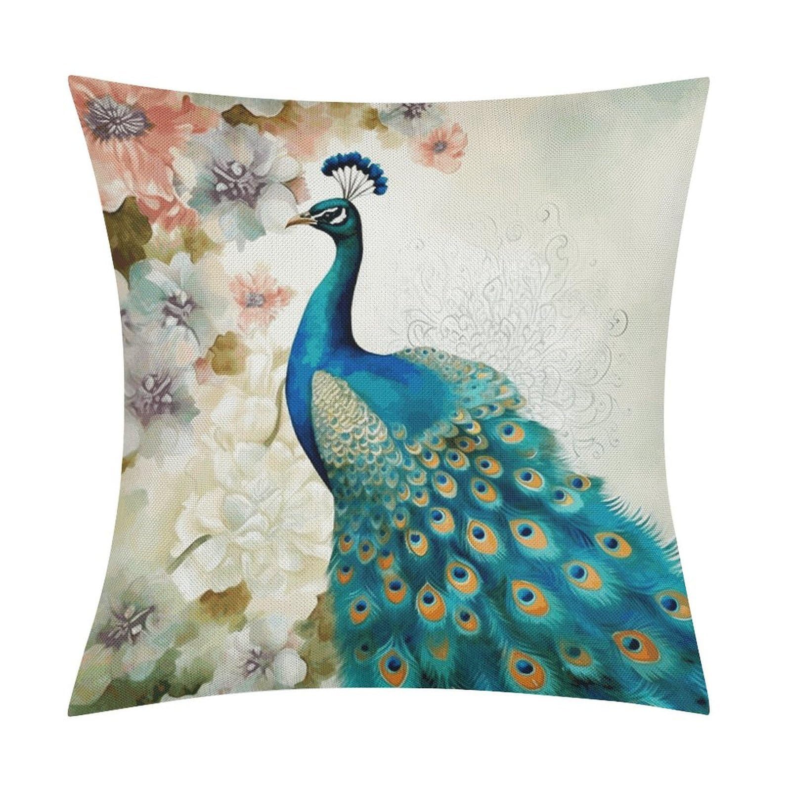 FekiLoot Beautiful Peacock and Floral Throw Pillow Cover Soft Square Cushion Case Farmhouse Cushion Cover Decorative Pillow Cover Modern Pillowcase for Sofa Living Room Bed Home Decor 18x18 Inch