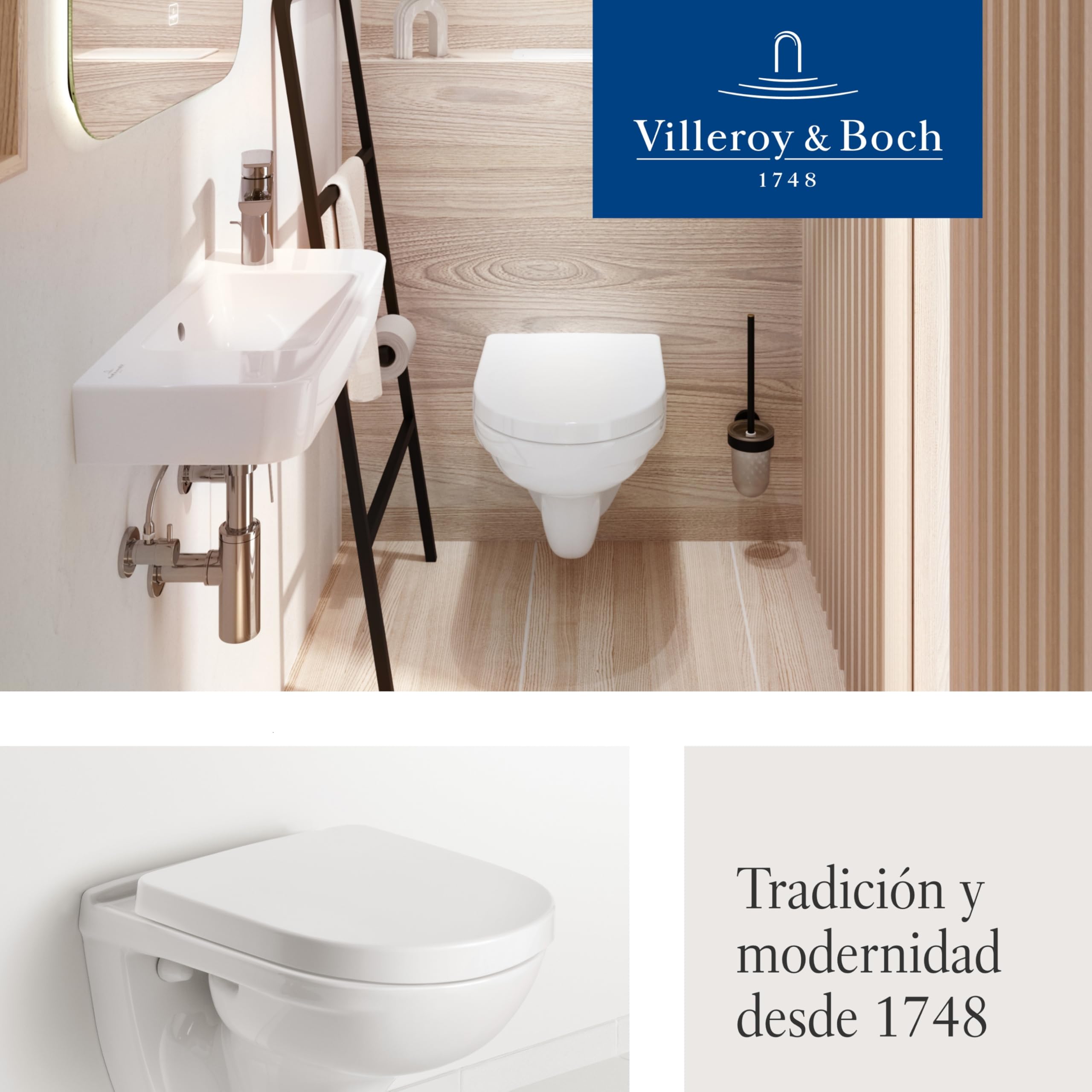 Villeroy & Boch O.Novo, Asiento de Inodoro - Tapa de WC Blanco Brillante de Duroplast Resistente - Aro con bisagras de Acero Inoxidable - Diseño Forma de D - Recambio Original