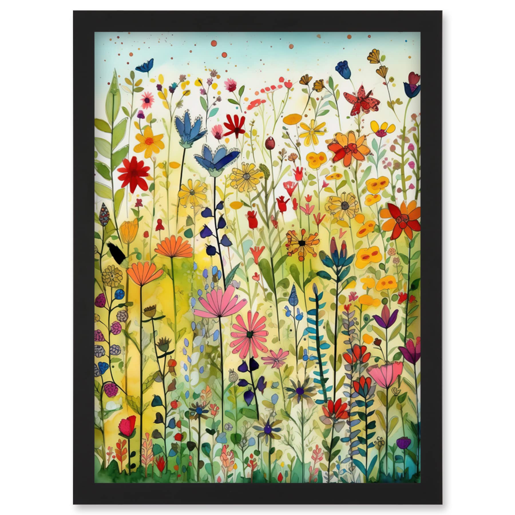 Artery8 Mixed Wildflower Bloom In Meadow Folk Art Artwork Framed Wall Art Print A4