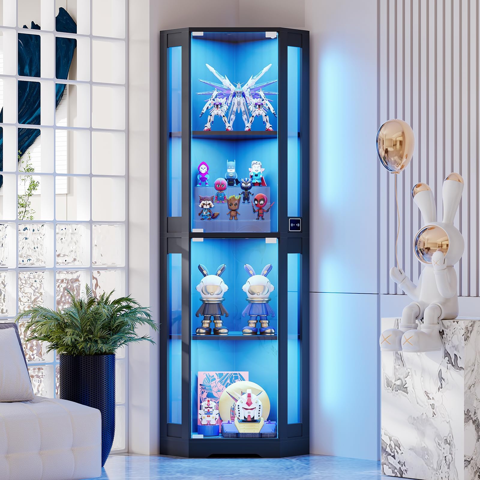 BROTTAR 65" Vitrine en Verre avec Éclairage LED, Meuble Angle Noir | Équipée De Détecteur De Présence, Lampe LED à trois couleurs, À Quatre Étages Vitrine pour Collection Idéale pour Le Salon