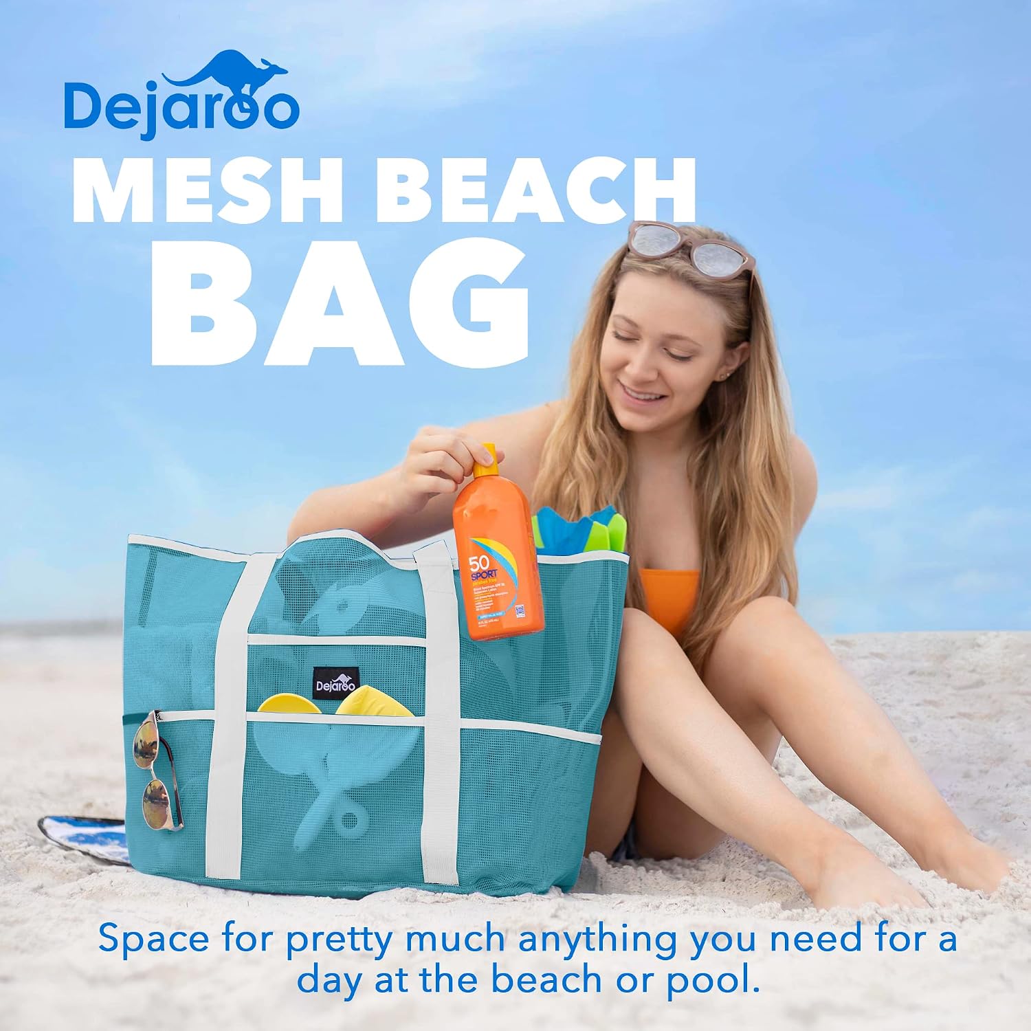 Dejaroo Mesh Beach Bag for Women, Large Sand Free Tote, 8 Pockets, Foldable 17x9x15 in, Pool Beach Vacation