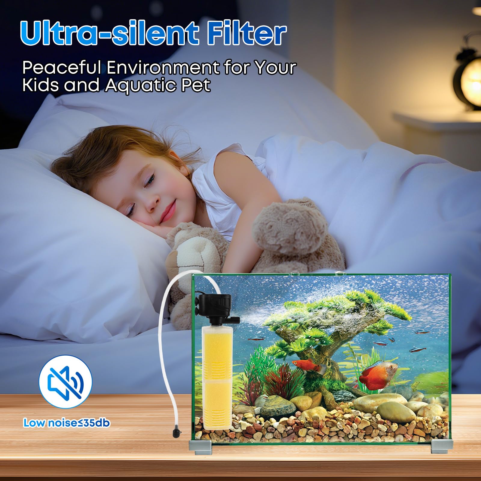 Filtre d'aquarium de 320 GPH pour aquarium de 40 à 500 litres, filtre interne submersible 4 en 1 avec filtration biochimique, pompe à eau puissante, alimentation en air et machine à vagues