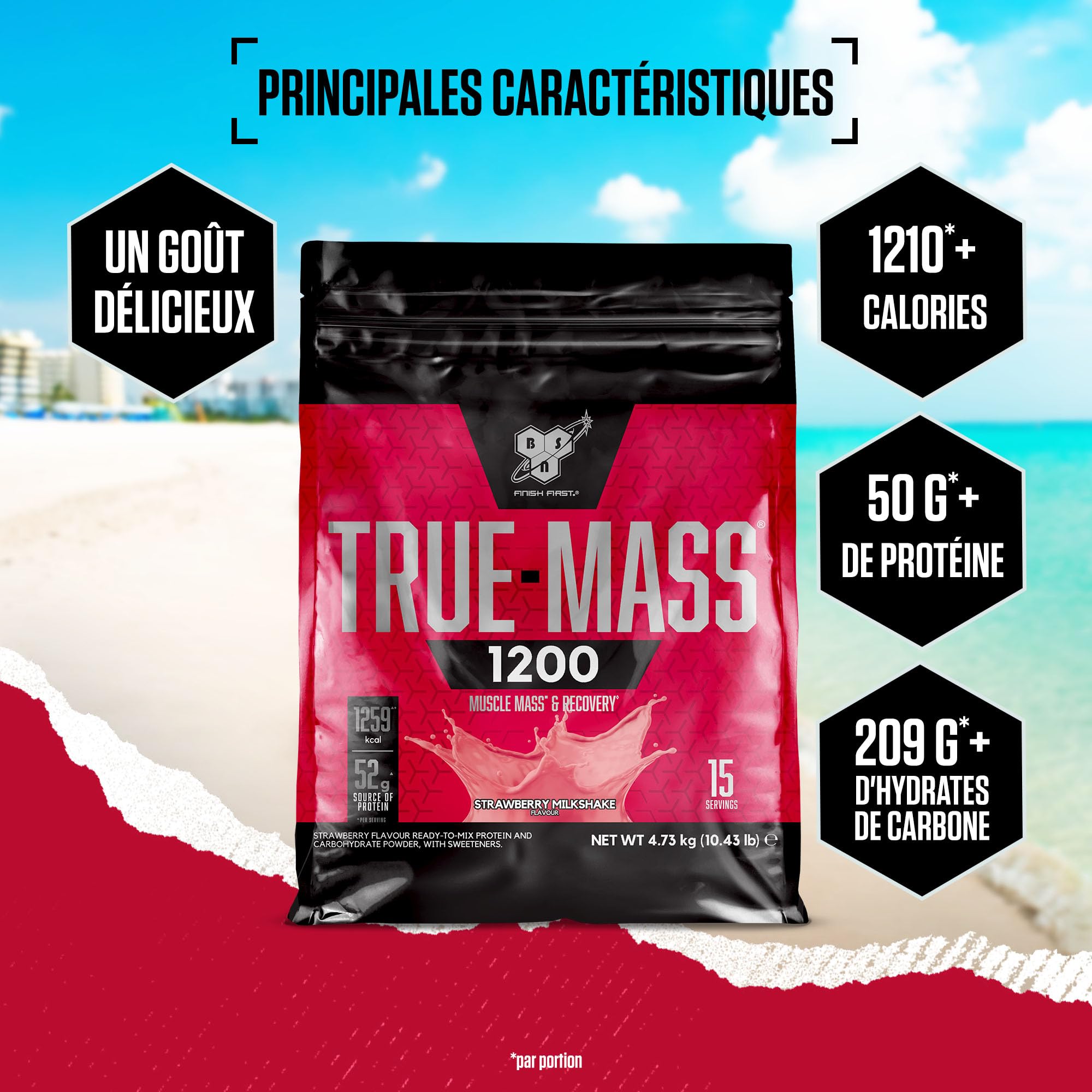 BSN True Mass 1200, protéines en poudre, gain de masse avec isolat de whey et glucides, gain de poids et de muscle et récupération Post Workout, goût Milkshake à la fraise, 15 portions, 4,8 kg