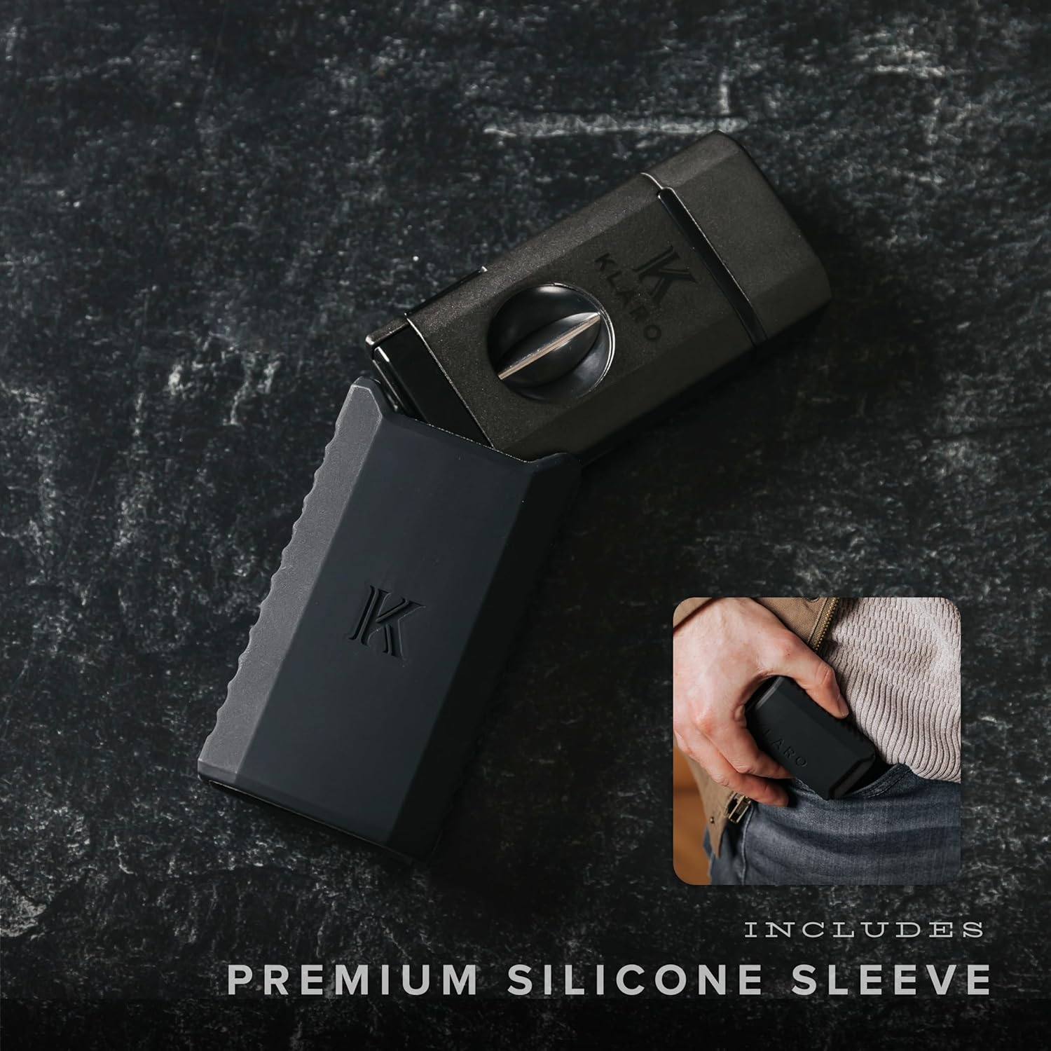 KLARO Triple Torch Lighter and V-Cut Cutter – Spring-Loaded V-Cut, with Rest Lid, Gift-Ready with Silicone Sleeve – Black Finish – Lighter for Men