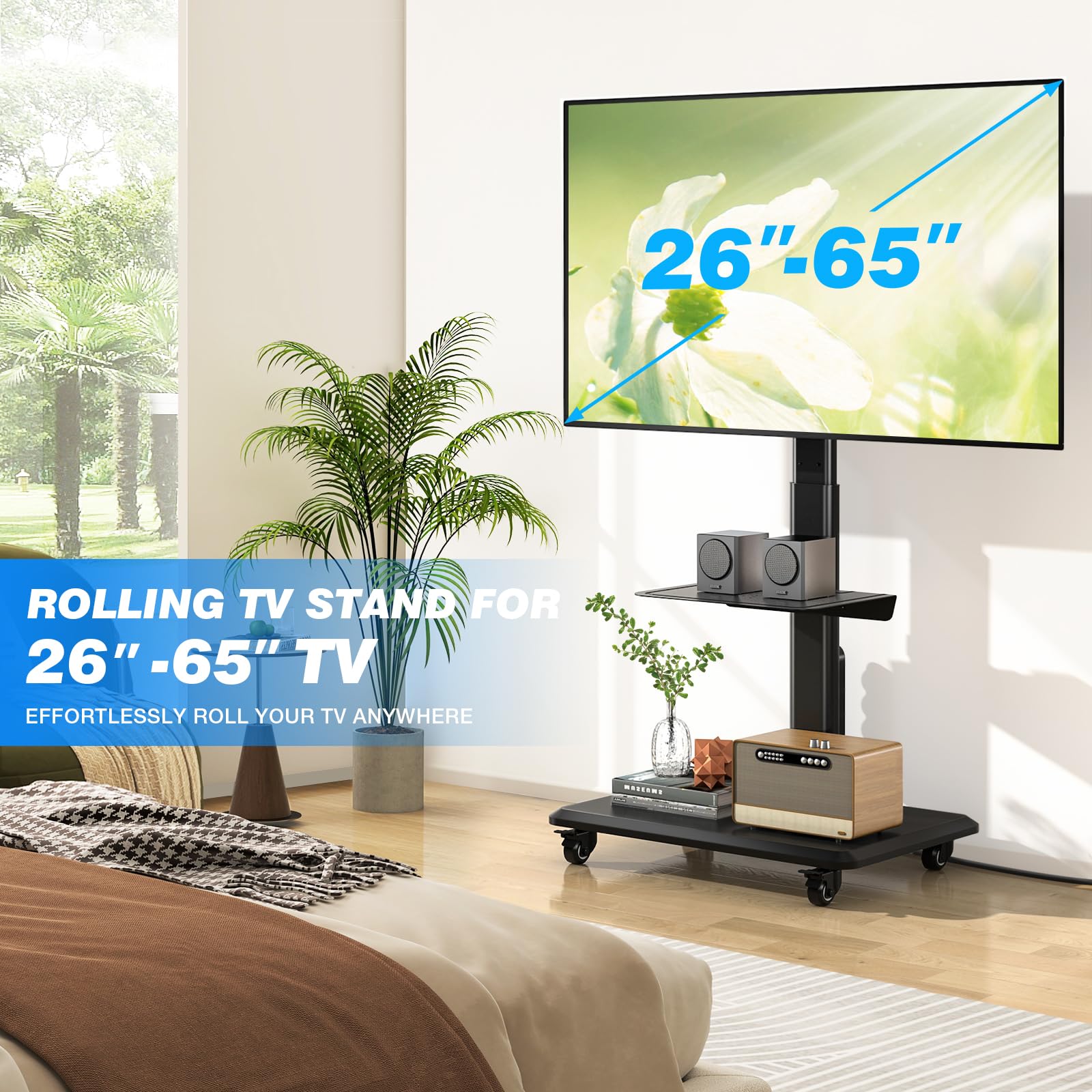 5Rcom Supporto TV Mobile su Ruote per Televisori Curvi da 32-55 Pollici, Supporto TV Girevole con Base in Legno, Altezza Regolabile con un Ripiano, Max VESA 400x400 mm fino a 35 kg
