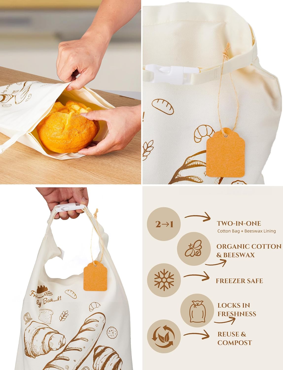 Beeswax Bread Bags 2 Pack Reusable Sourdough for Homemade, Large Washable Cotton Linen Food Storage with Removable Wax Liner, Plastic Free Eco Friendly Biodegradable Camping Ready Bento 17x13 Inch