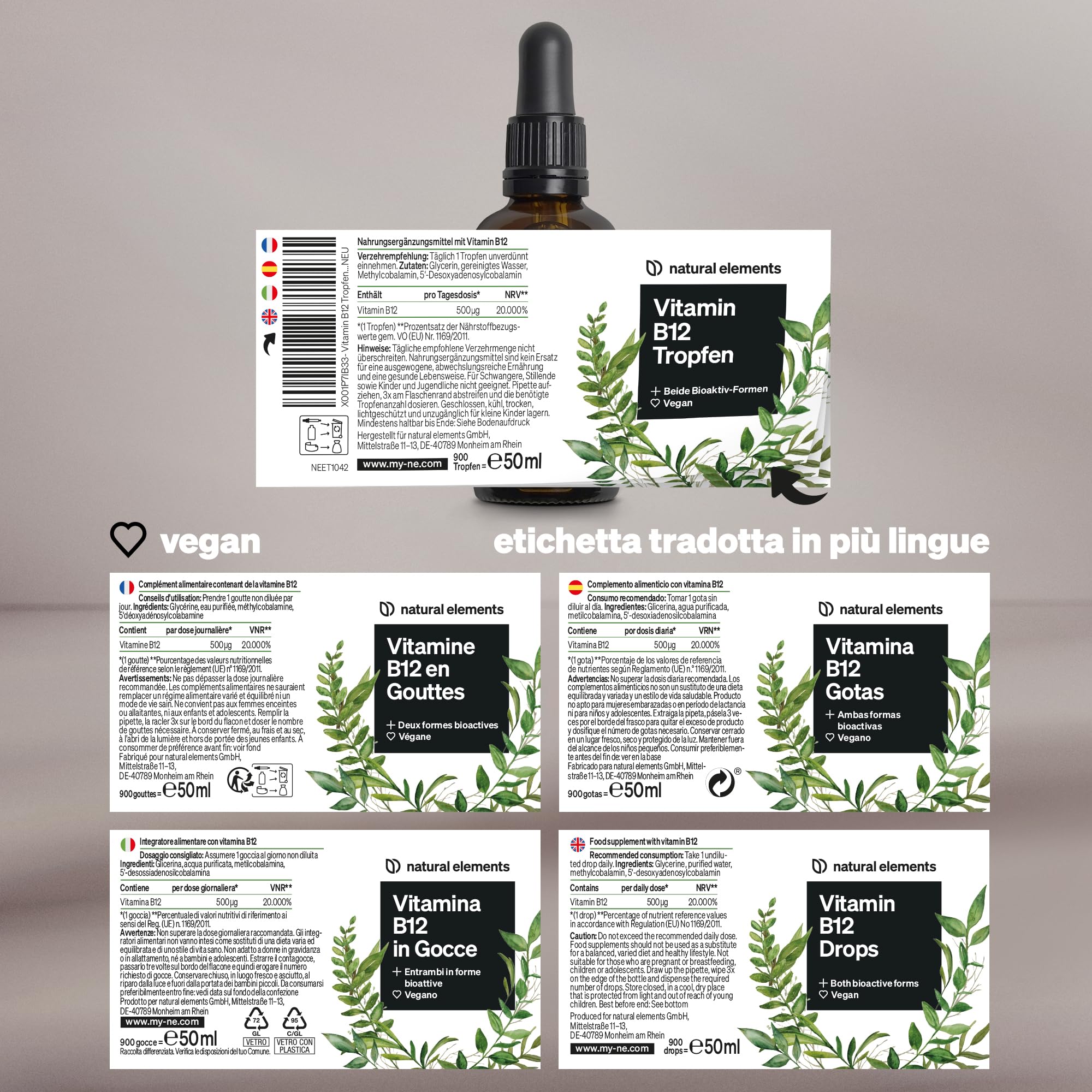 Vitamina B12 in Gocce – 50 ml (900 gocce) – vegano, senza alcool – 2 forme attive (metil- e adenosilcobalamina) – testata accuratamente in laboratorio in Germania