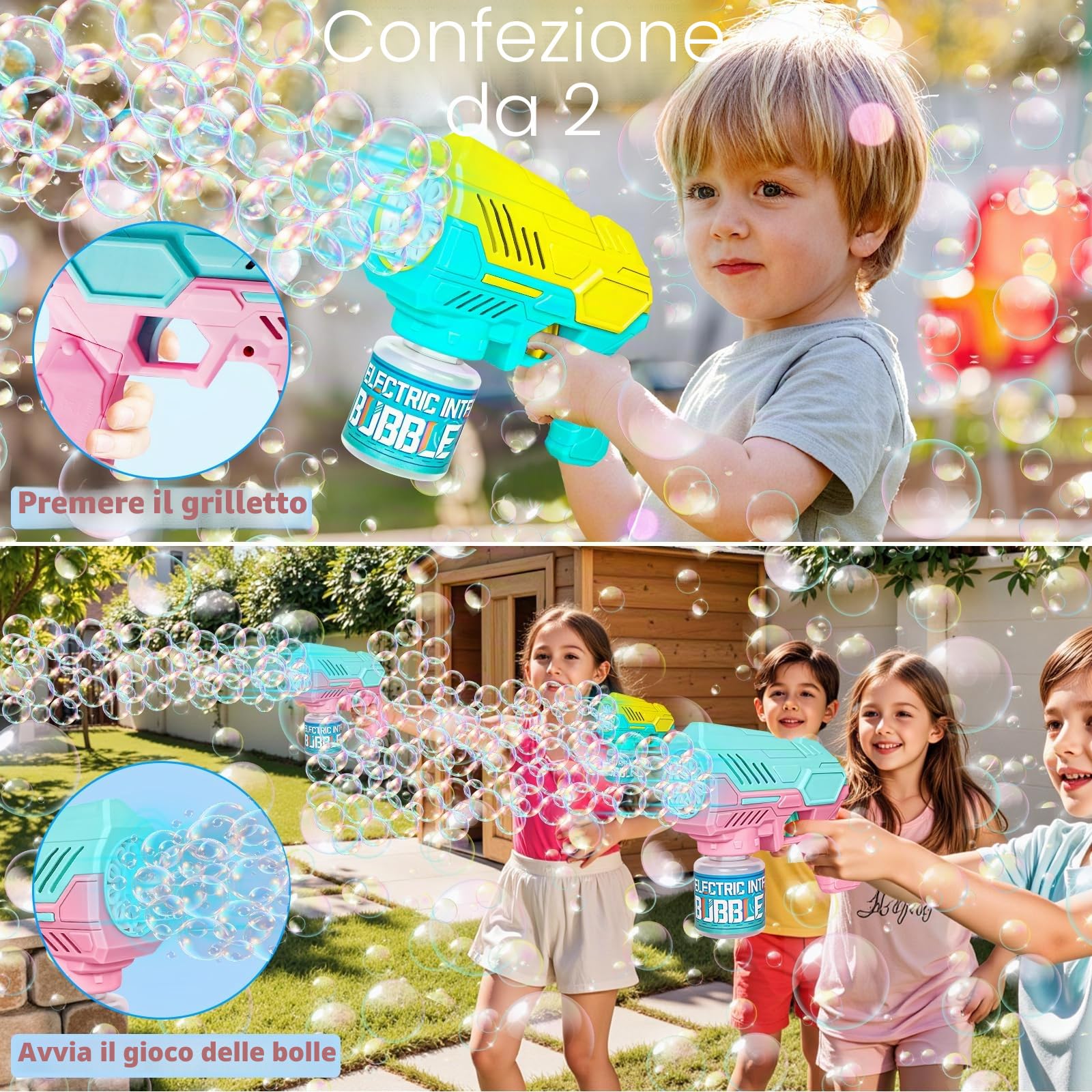 Pistola a Bolle per Bambini, 2 Pcs Macchina Automatica per Bolla di Sapone 10000+ Bolla/Min, Giocattoli a Sapone con Luce LED, 440ml Liquido Incluso, Feste Estive all'aperto Regalo Nozze