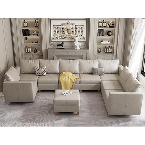 EASE MOOSE U Shaped Modular Sectional Sofa Couch with Reversible Chaises, Faux Leather Modular Sofa Convertible Sectional Couch with Storage Ottomans, Whitesand