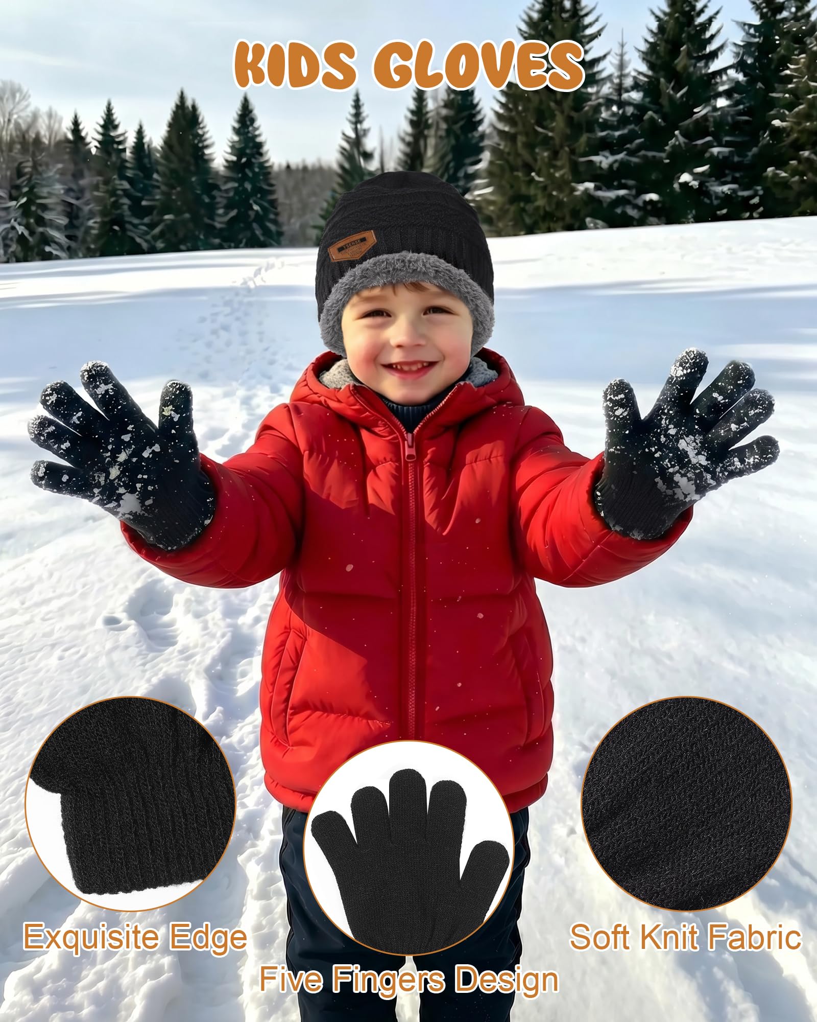 3 Pcs Boys Girls Winter Beanie Hat Scarf Gloves Set Thick Knitted Warm Toddler Winter Hat Mittens Neck Warmer for Kids, Black, Large 3