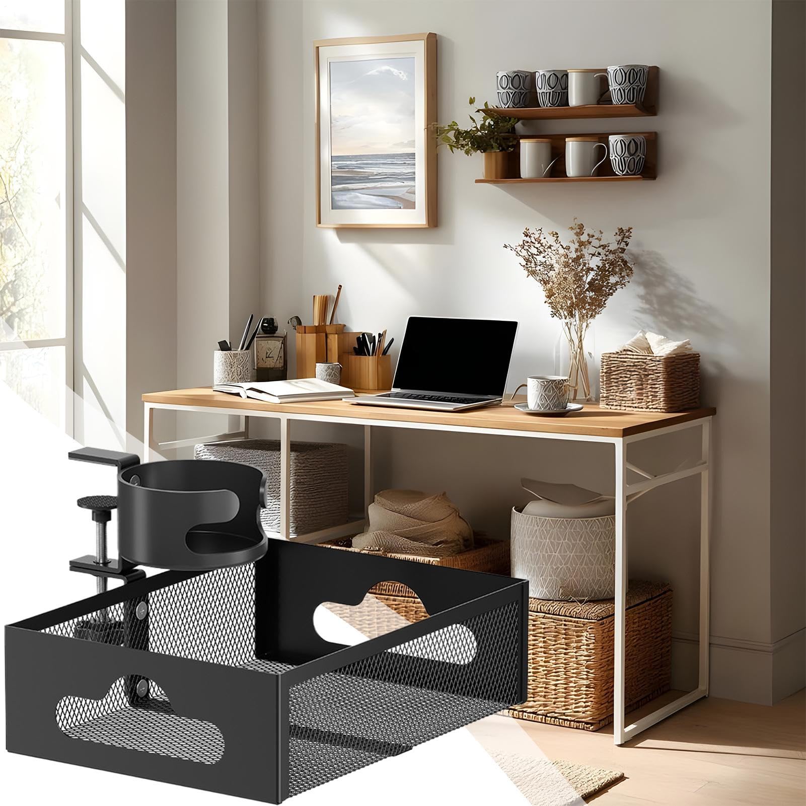 Generisch Under Desk Organizer, Storage Drawer, Rotating Stationery Shelf, Built-In Cup Holder, Ideal for Space Saving Desk Solution, 10.31x7.68x2.95 pulgadas, Black Color, 1 Set