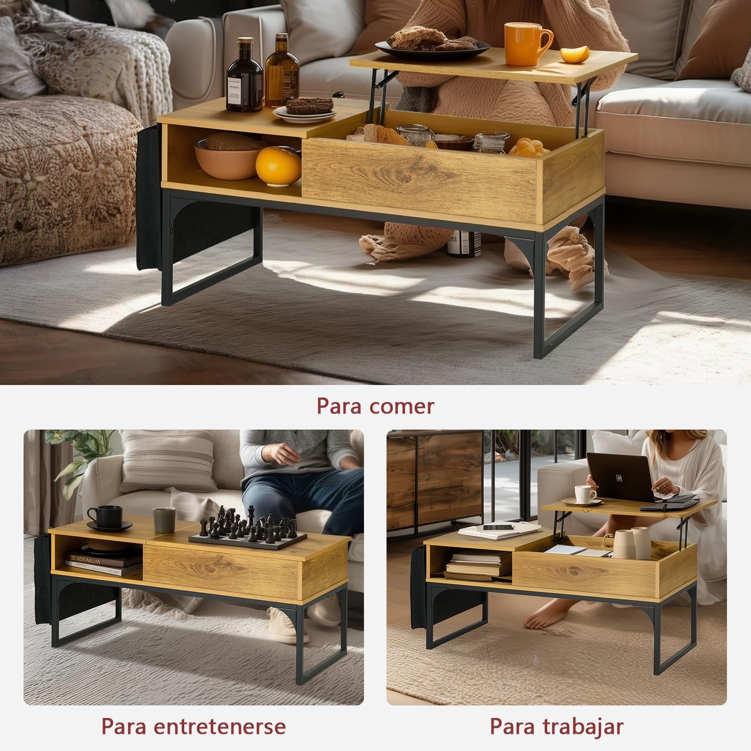 MEUBLE Cosy Mesa de Centro Elevable Mesitas Salón para el café Sofá con Espacio y Bolsillo de Almacenamiento, Estructura de Metal, Estilo Industrial, Marrón Claro, 100x50x45cm