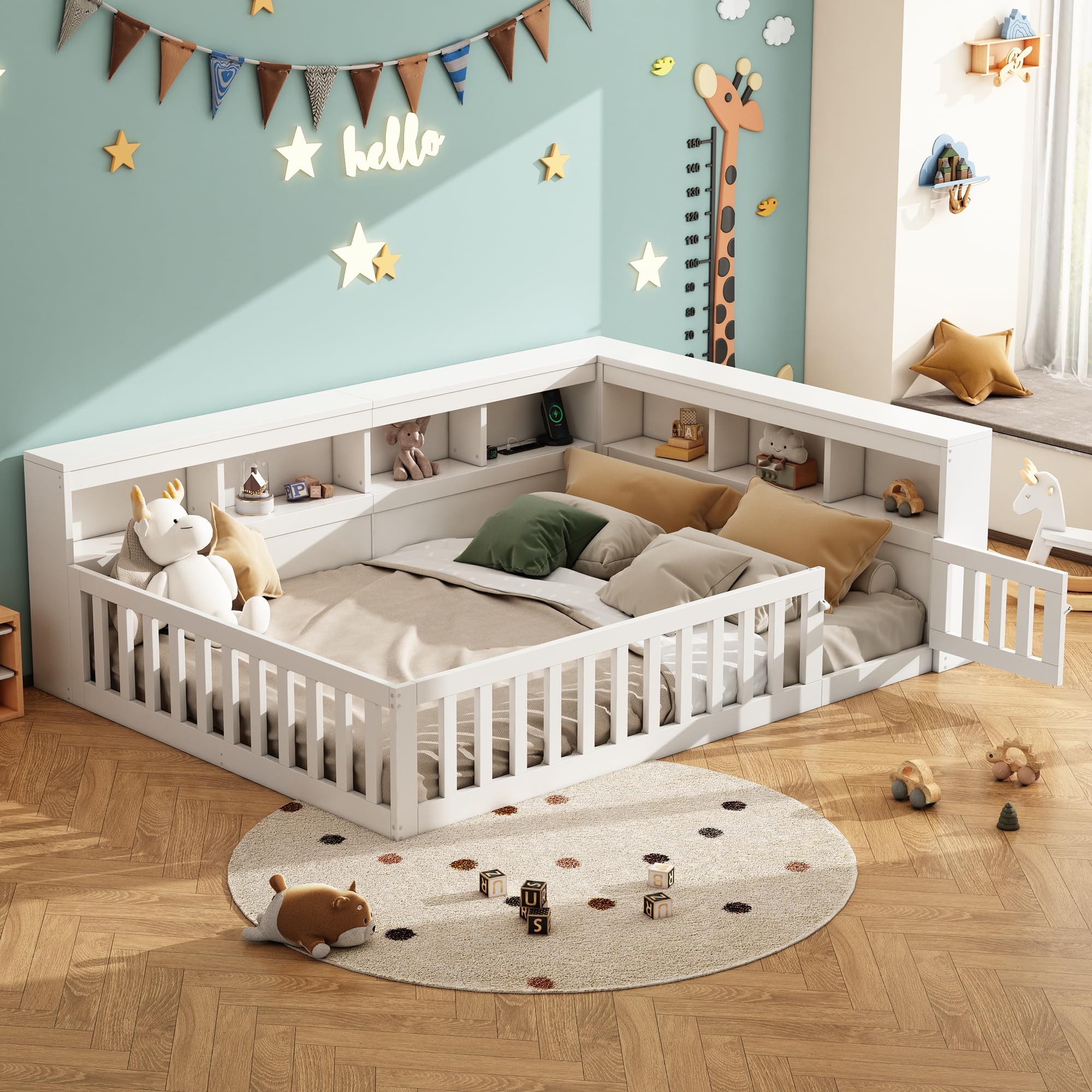 Cama infantil de suelo 140 x 200 cm con protección anticaídas, somier Montessori, con enchufe y USB, lado de la cama con compartimento de almacenamiento, sin colchón