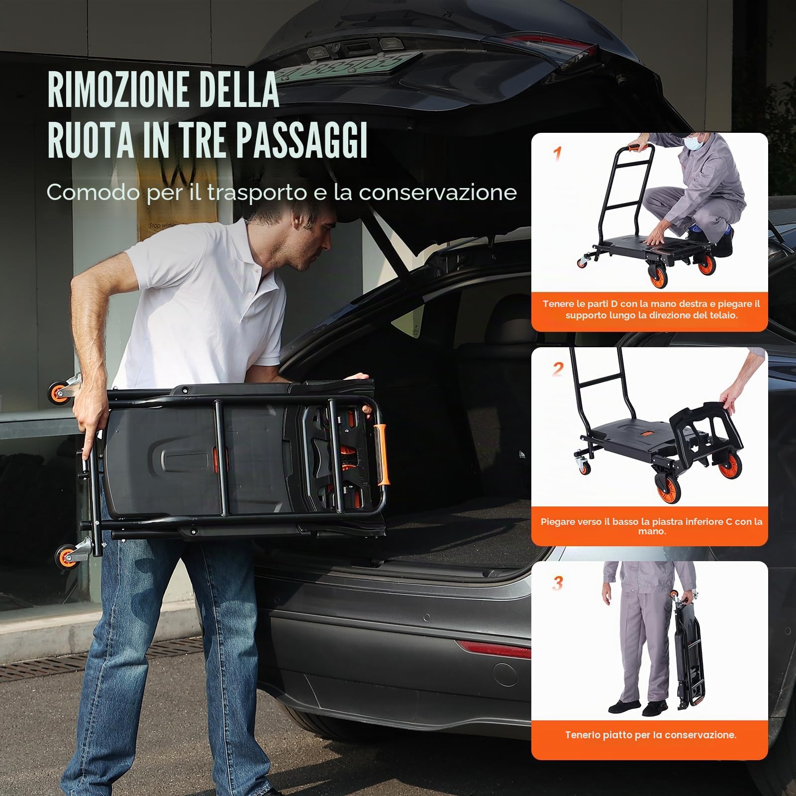VEVOR Carrello a Mano Pieghevole in Alluminio, Carrello Portacarichi Max. 136kg, Piattaforma Ruote per Trasporto di Merci da Magazzino