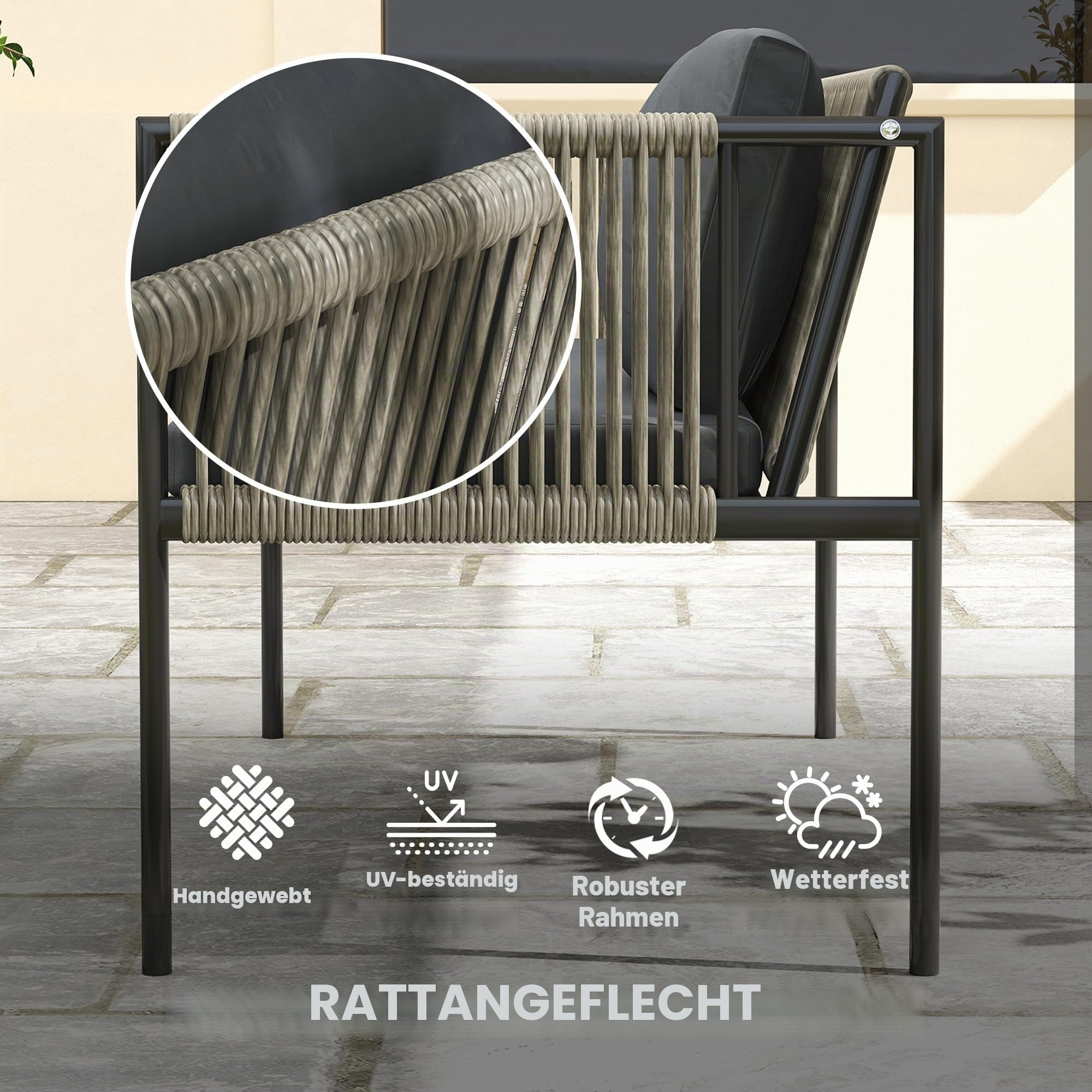 Outsunny Gartenmöbel Set aus Polyrattan mit 2er Sofa für 4 Personen Grau | Lounge-Set, Sessel, Glastisch, Kissen, Wetterfest, Balkonmöbel, Outdoor Sitzgruppe, Terrassenmöbel, für Garten Balkon