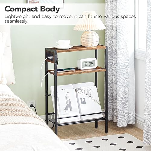 Miniatura 4 de HOOBRO Mesa auxiliar pequeña y estrecha con estación de carga, juego de 2, mesa auxiliar delgada para espacios pequeños, mesita de noche delgada con