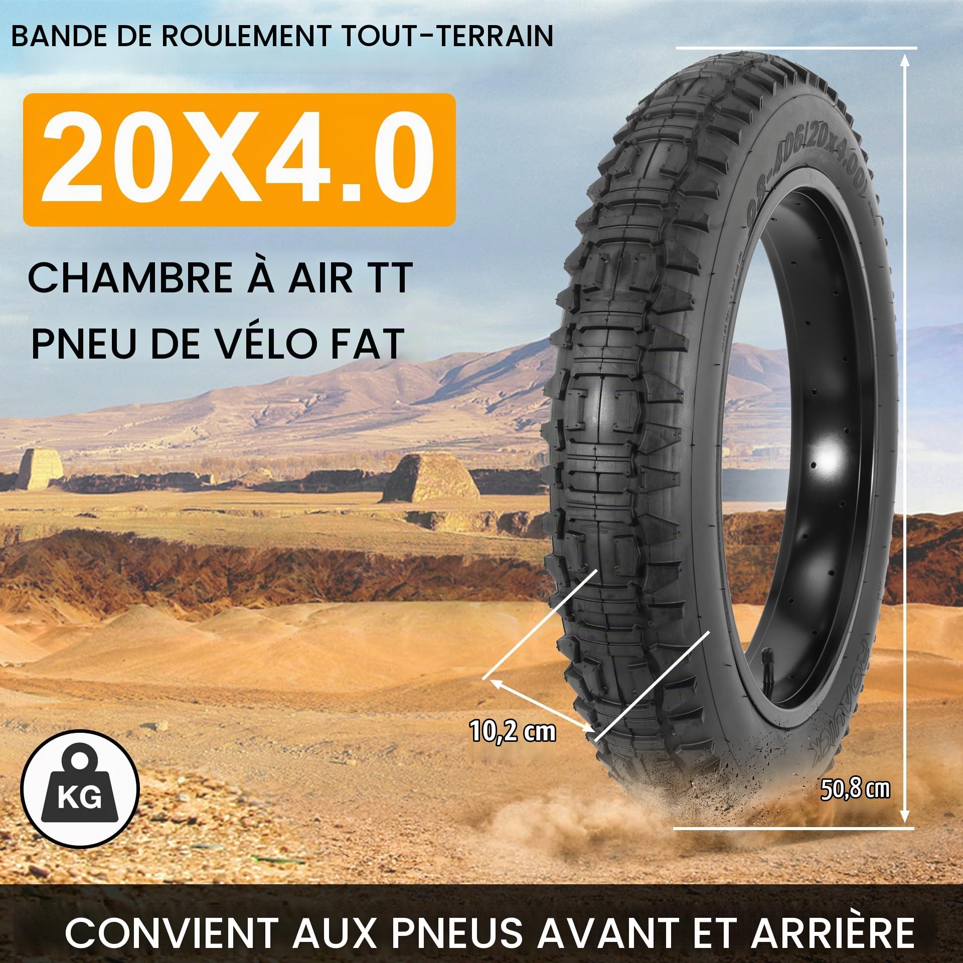 Pneu et Chambre à air Fat 20x4.0 pour vélo électrique - Lot de 2 - Noir | Pneu de vélo pliable haute performance résistant à l'usure 20 x 4, bande de roulement tout-terrain, diverses pièces pratiques
