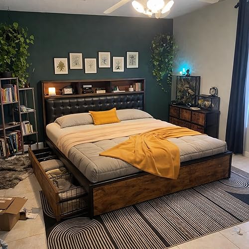 Miniatura 5 de EnHomee Base de cama Queen con 4 cajones de almacenamiento, marco de cama tamaño Queen con cabecera tapizada y estación de carga integrada, sin