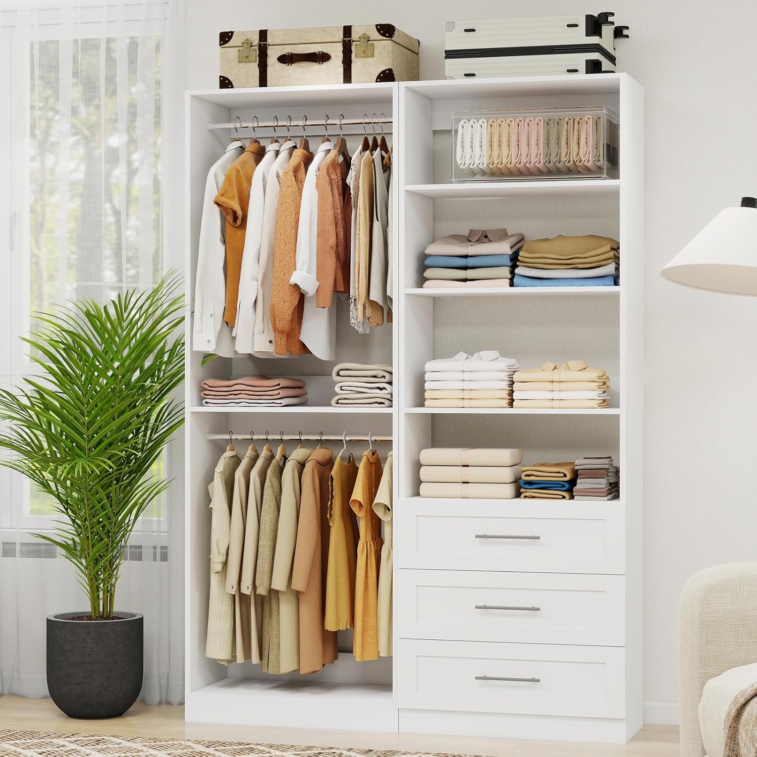 Closet System with 3 Drawers, 4FT Wood Closet Organizer System with 4 Hanging Rods&Adjustable Shevles, 81"Tall Modular Walk In Closet System, Standalone Closet System System, 2 Set,White