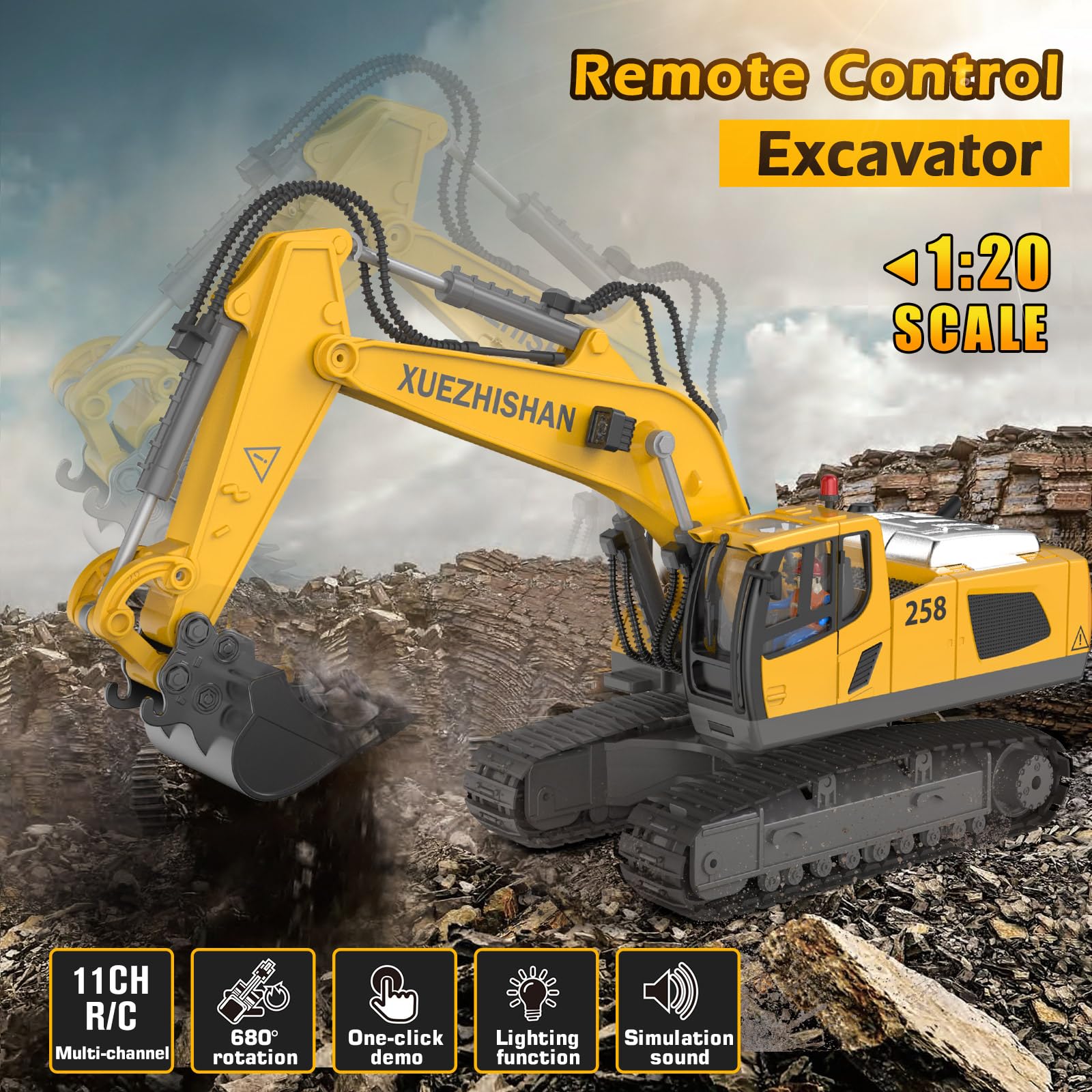 Excavadora Teledirigida RC Con Pala De Metal – Giro De 680°, Luces Y Sonidos, Batería De 1200 MAh, Regalo Para Niños De 6 A 12 Años