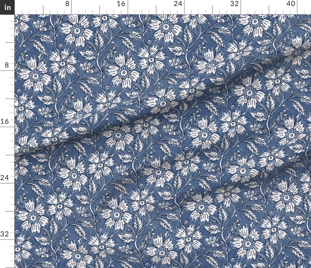 Spoonflower Fabric - Bohemian Faux Block Print Blue and White Floral Eclectic Boho Batik Printed on Petal Cotton Fabric by The Yard - Sewing Quilting Apparel Crafts Decor