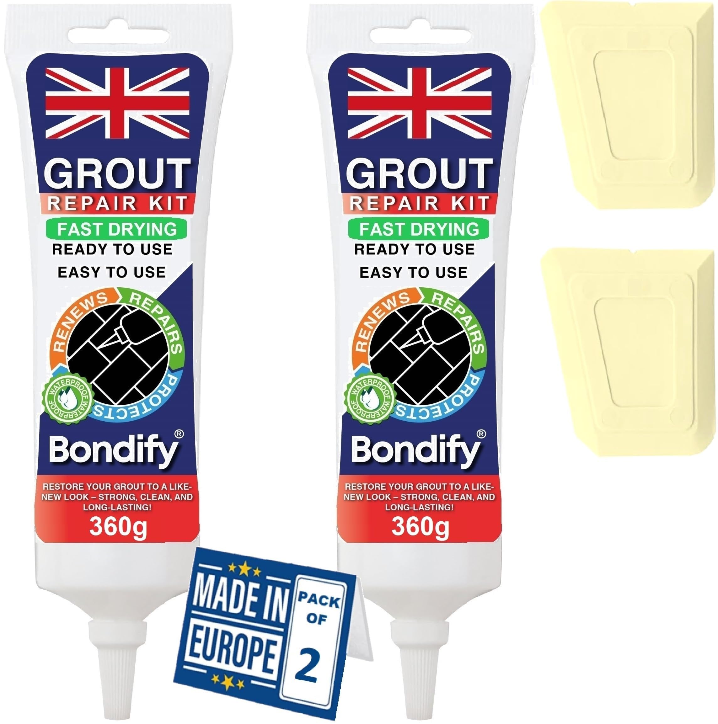 BONDIFY Waterproof Cream Grout Repair Kit Ready Mixed, 360g x 2PCs FAST DRYING, EXTRA VOLUME Anti Mould Tile Grout Reviver Cream for Shower, Bathroom, Kitchen, Quick Drying Tile Gap Filler Ready Mixed