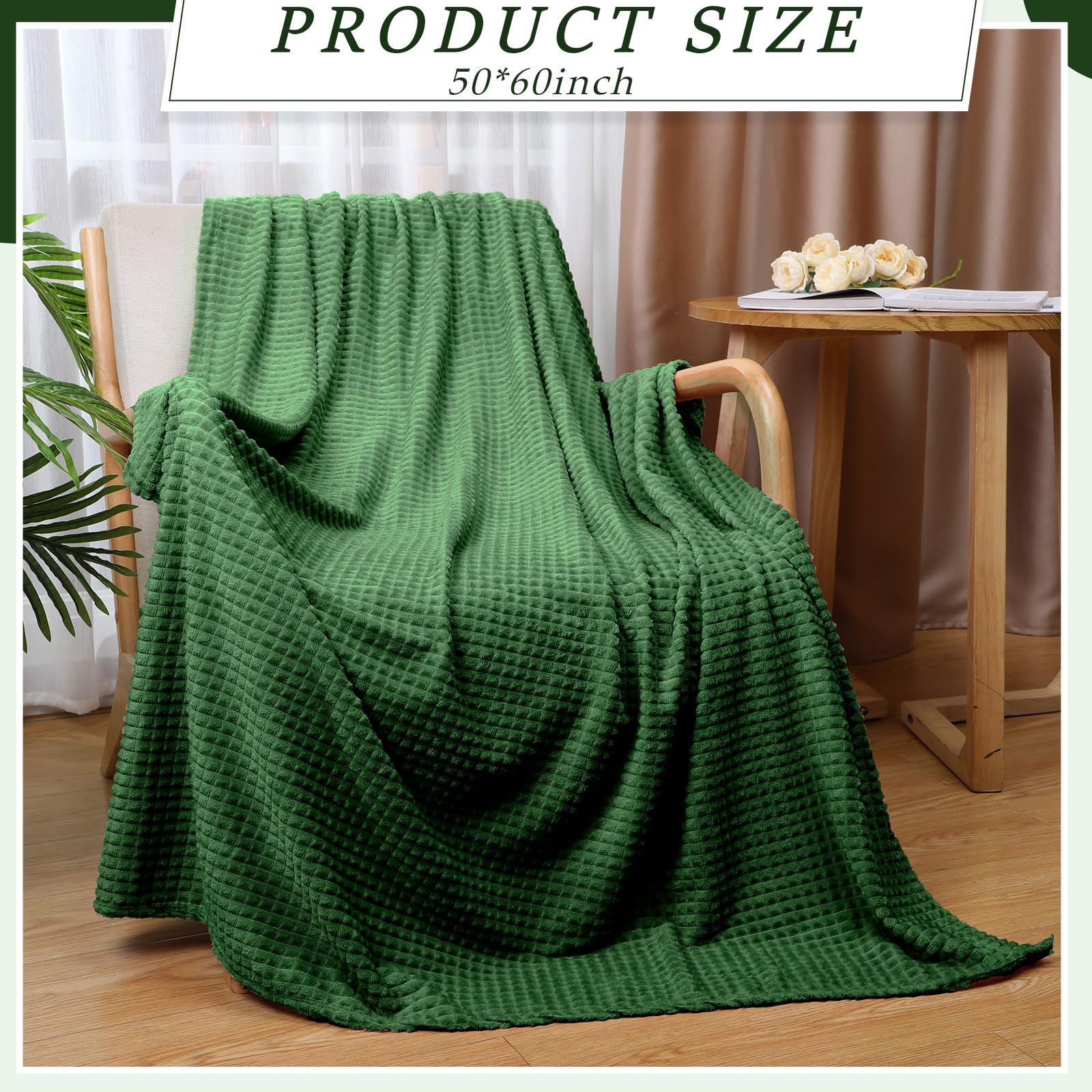 Buryeah 12 coperte in pile di flanella, 127 x 152 cm, per matrimoni, design a griglia jacquard 3D, morbida e sottile, per divano, sedia, regali di donazione (verde scuro)